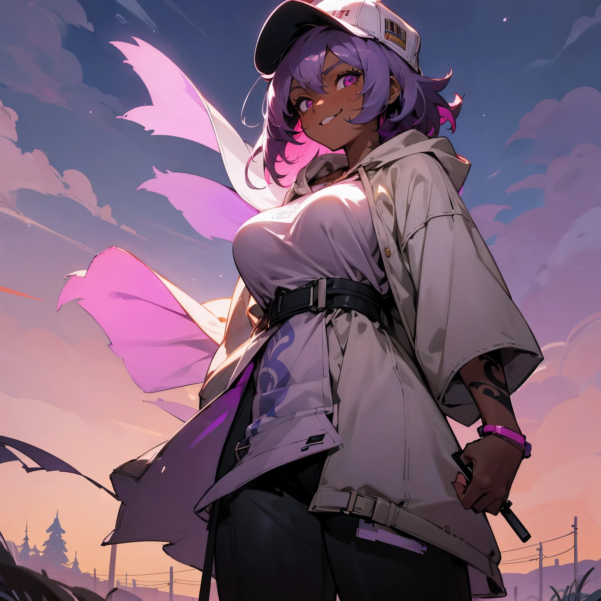 1female, adult, big breast, dark skin, finely detailed rose eyes, short messy hair, lavender ombré hair color, loose oversized hoodie, baseball cap, standing with arms folded, standing on open trail, night, confident smile, village, serious, tattoos