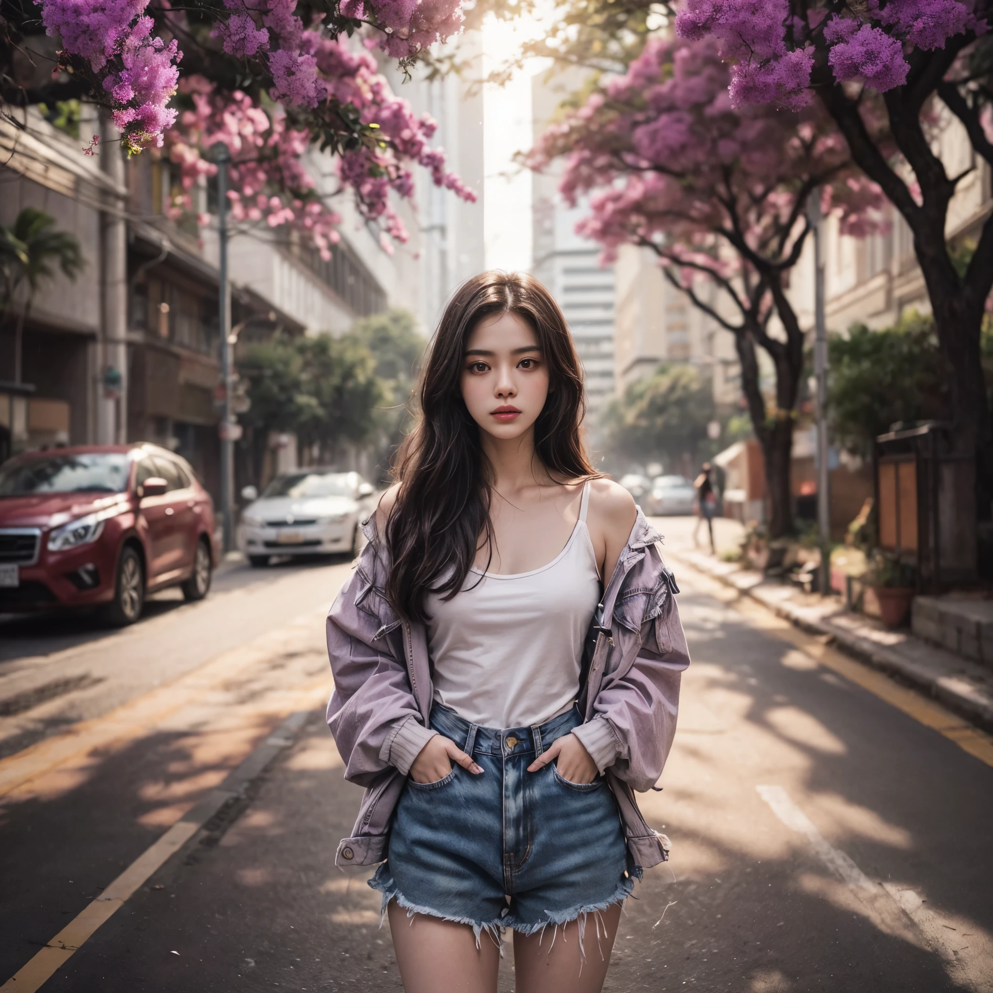Cinematic photography of a beautiful asian girl standing on a street lined with trees adorned with bright purple flowers. TThe girl was wearing a white tank top covered with a pink trucker jacket and blue short jeans. In the background, urban buildings and a parked car are visible. The scene exudes a serene atmosphere, bathed in natural light, creating a lens flare and background light. Dolly ramp transition effect, profesional color gradient, Shot by realme 12 pro