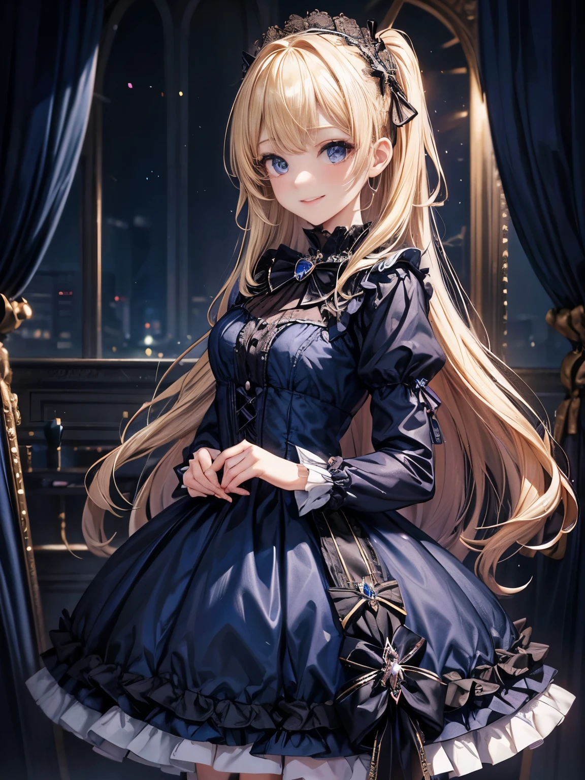 prompt: 8K resolution, delicate features, , single, unique students, smile, blonde, princess cut, ribbon hair ornament, brooch, Glossy dark blue dress, ta style, gothic style, towards the viewer, Geek Room, female imp