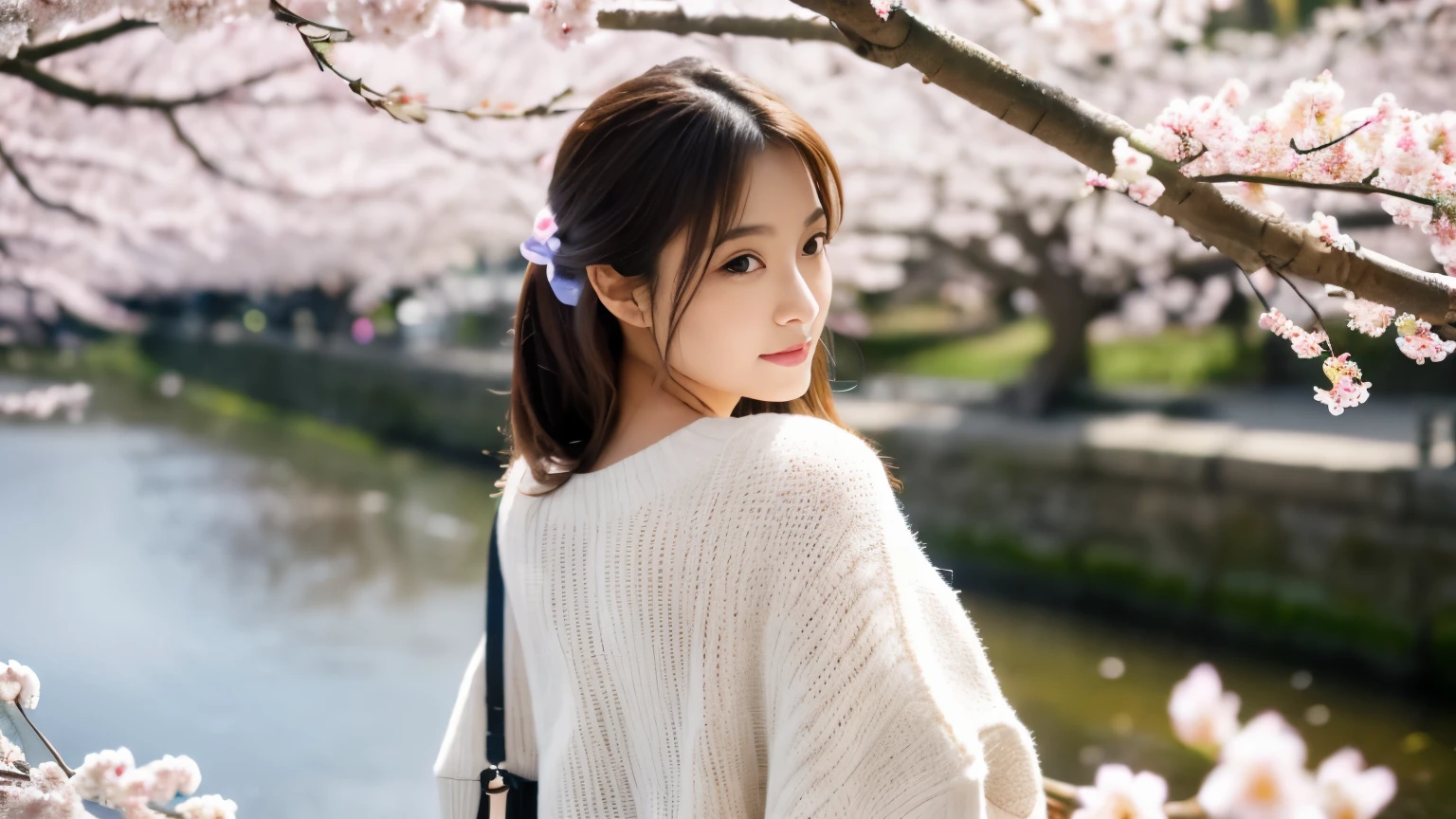 (masterpiece:1.3、High level image quality、high quality)、(beautiful realistic japanese:1.3),(perfect anatomy、Beautiful and perfect limbs、beautiful skin、healthy body),(japanese actress:1.3、cute:1.3)、21 years old、beautiful appearance、Stand straight ahead and look at the viewer、signs of spring、Cherry blossom trees、Gravure photography、professional photos、The wind is blowing、brook babbling、peaceful landscape、gentle love、