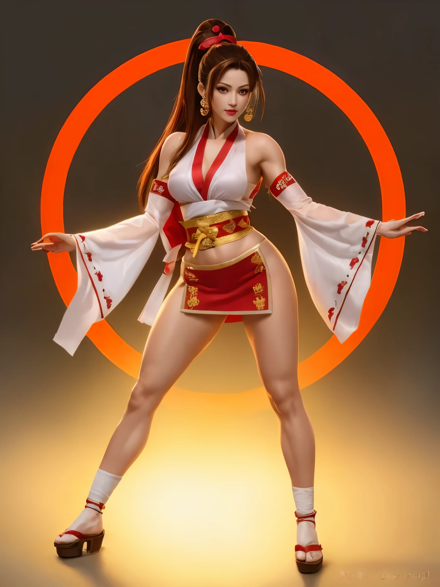 Replace the people in the picture，Close-up of a woman wearing red clothes holding a sword, Mai Shiranui, yoko matsugane as Mai Shiranui, King of Fightersrole in, she is ready to fight, fighting game characters, as《King of Fighters》role in, heroine,Strike a fighter pose