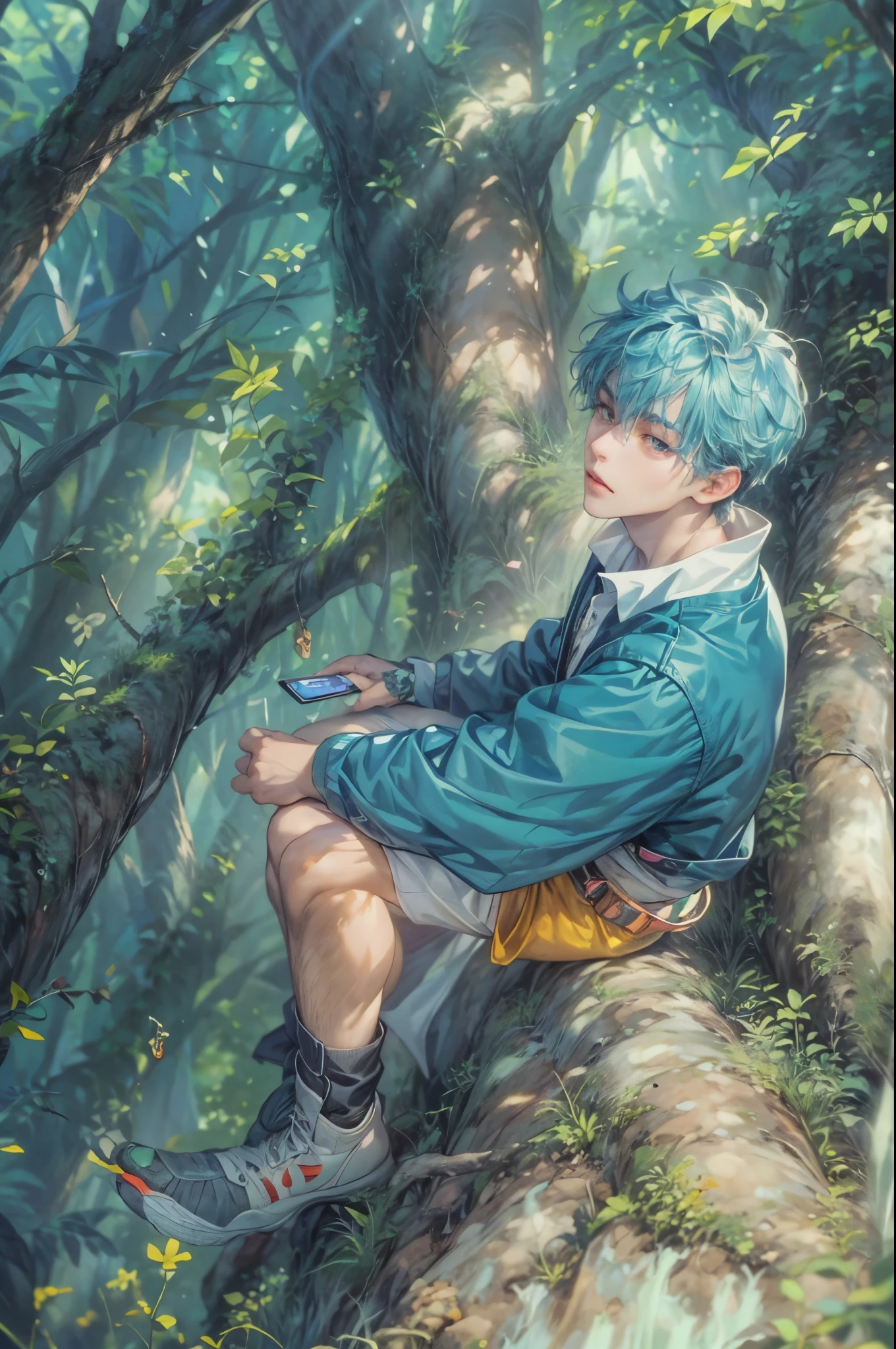 ((Best quality)), ((masterpiece)), (detailed), ((perfect face)), ((halfbody)) handsome face, male, teen boy,  perfect proportions , a character from anime groove adventure Rave, blue hair, male version , hiro mashima art, detailed ghibli forest background, detailed ghibli scenery background 