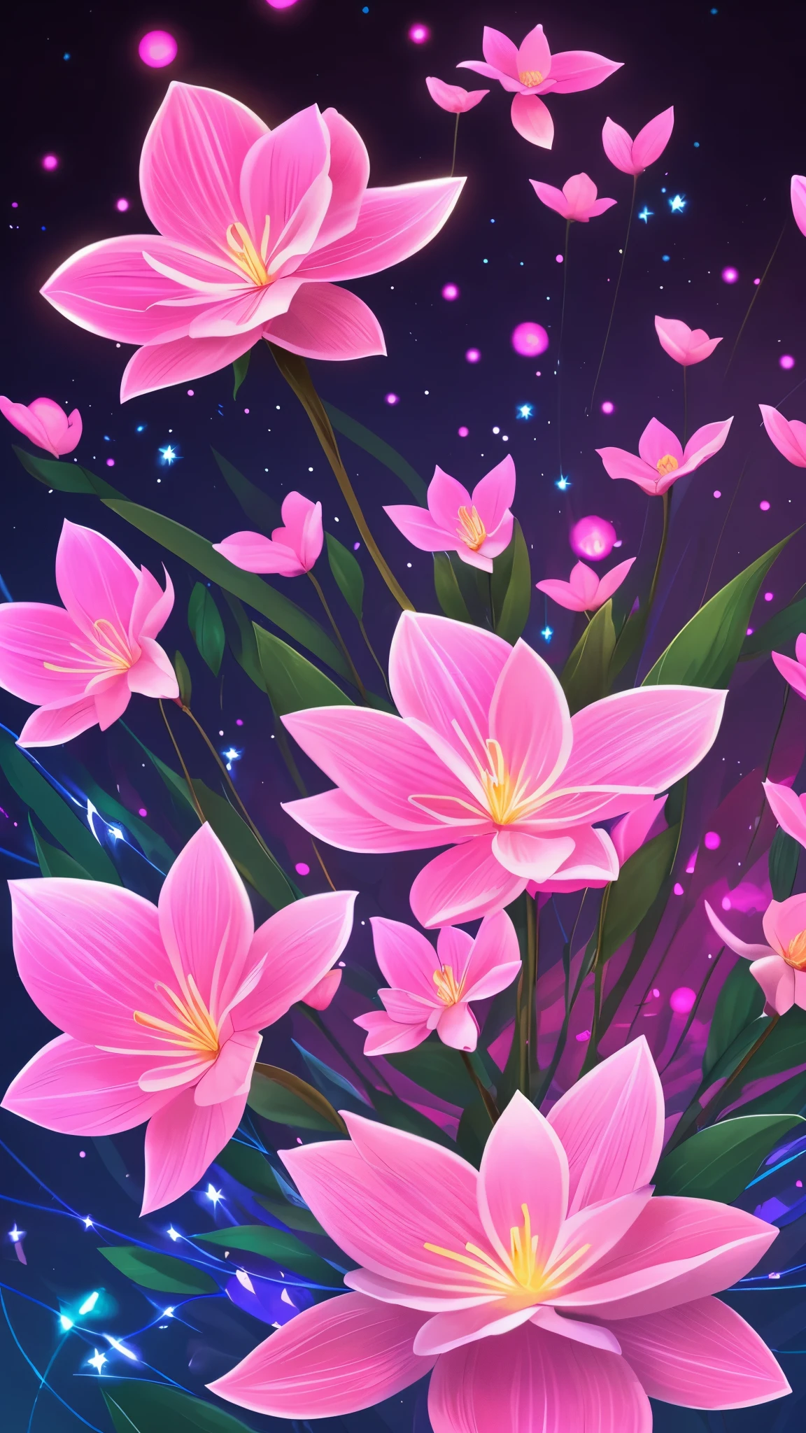 flowers in the night with a crescent and stars above them, glowing flowers, 🌺 cgsociety, luminous flowers, soft flowers, glowing delicate flower, magical flowers, glowing, by Yang J, loish and wlop, by Ni Tian, glowing lights! digital painting, ross tran. scenic background, pretty flowers, glowing neon flowers, by Ross Tran, soft digital painting