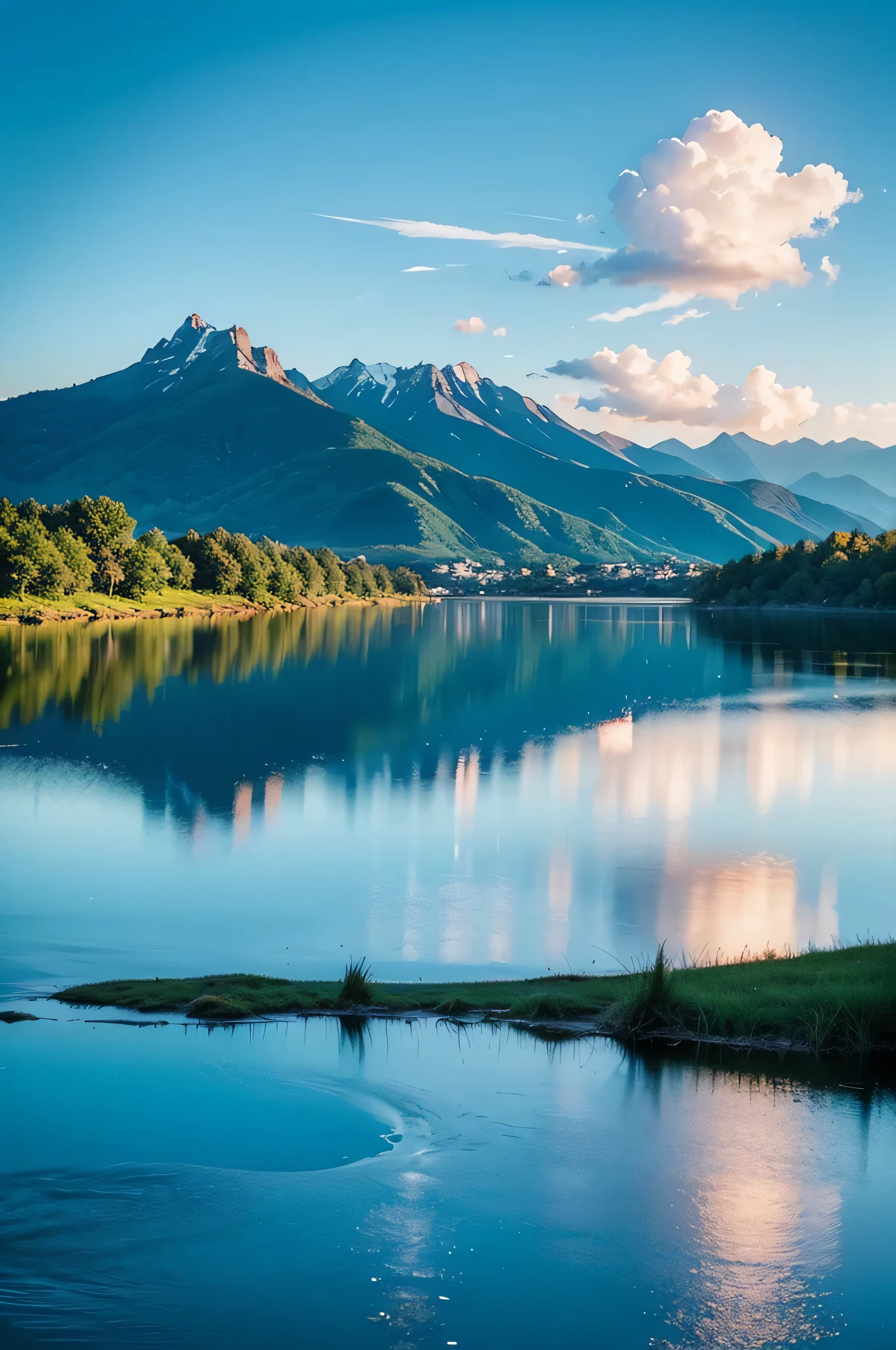 a  lake，There is a profound feeling, Against the backdrop of towering mountains, plain sky, Stylized anime illustrations，no cloud-ar9:16 stylized 1000