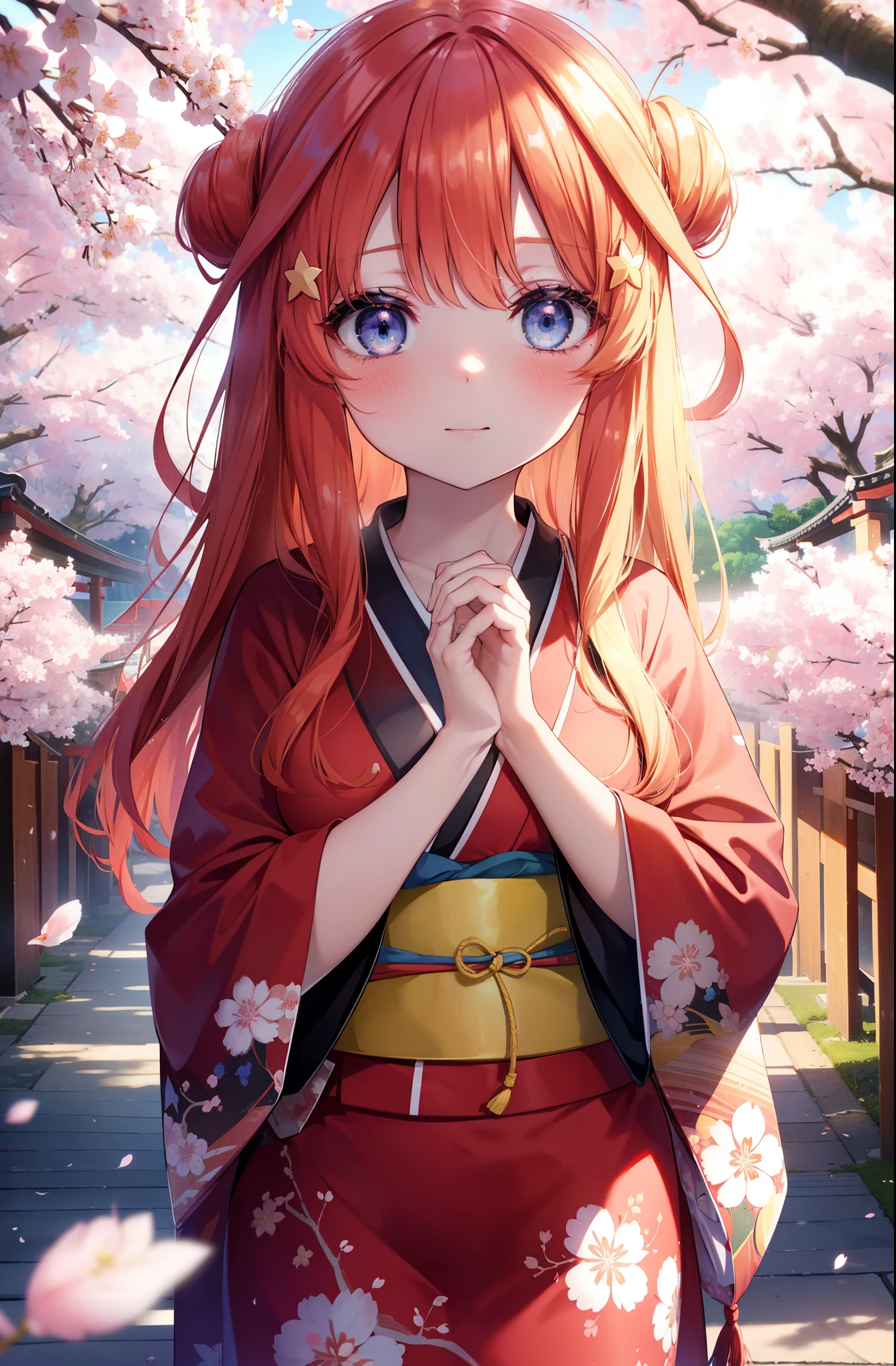 itsukinakano, Itsuki Nakano, bangs, blue eyes, hair between eyes, Ahoge,hair tied back,,long hair, redhead, star \(symbol\), hair ornaments, star hair ornaments,smile,blush,Gorgeous kimono with red floral pattern,white foot bag,Zori cherry blossoms are blooming,Cherry blossoms are scattered,Cherry blossom tree-lined path,Put your hands together and put them on your stomach,
break outdoors, shrine,torii,
break (masterpiece:1.2), highest quality, High resolution, unity 8k wallpaper, (figure:0.8), (detailed and beautiful eyes:1.6), highly detailed face, perfect lighting, Very detailed CG, (perfect hands, perfect anatomy),