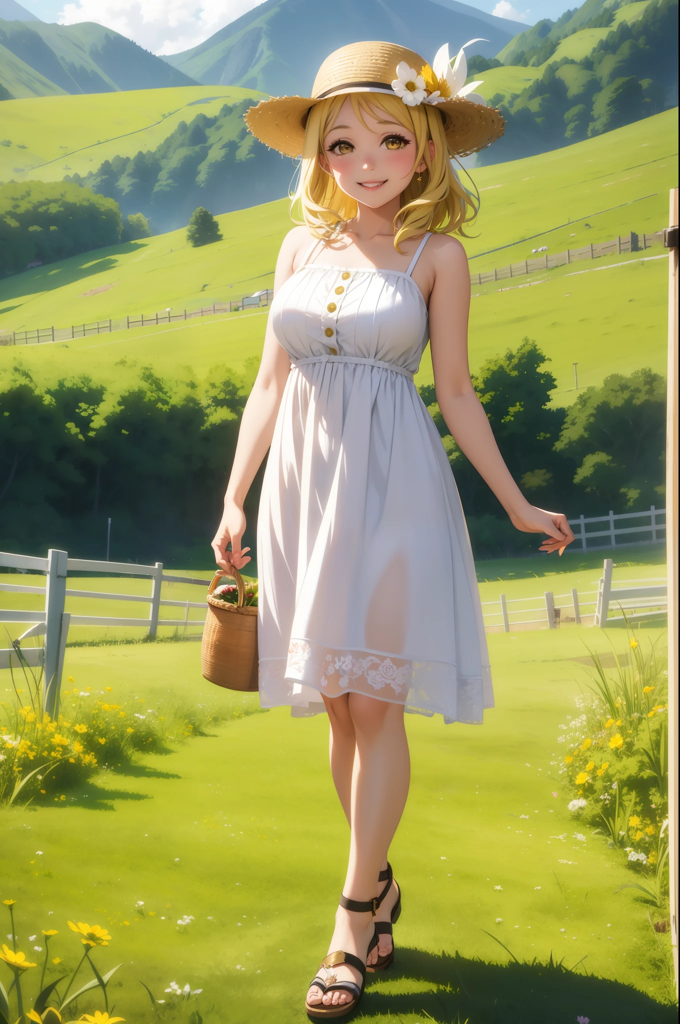 (Masterpiece, Best Quality, High Quality),volumetric lighting, illustration, beautiful, Mari Ohara, smile, bangs, blonde_hair, hat,sundress, standing, full_body, yellow_eyes, outdoors, medium_hair, white_dress, sandals, grass,Farm, wooden fence