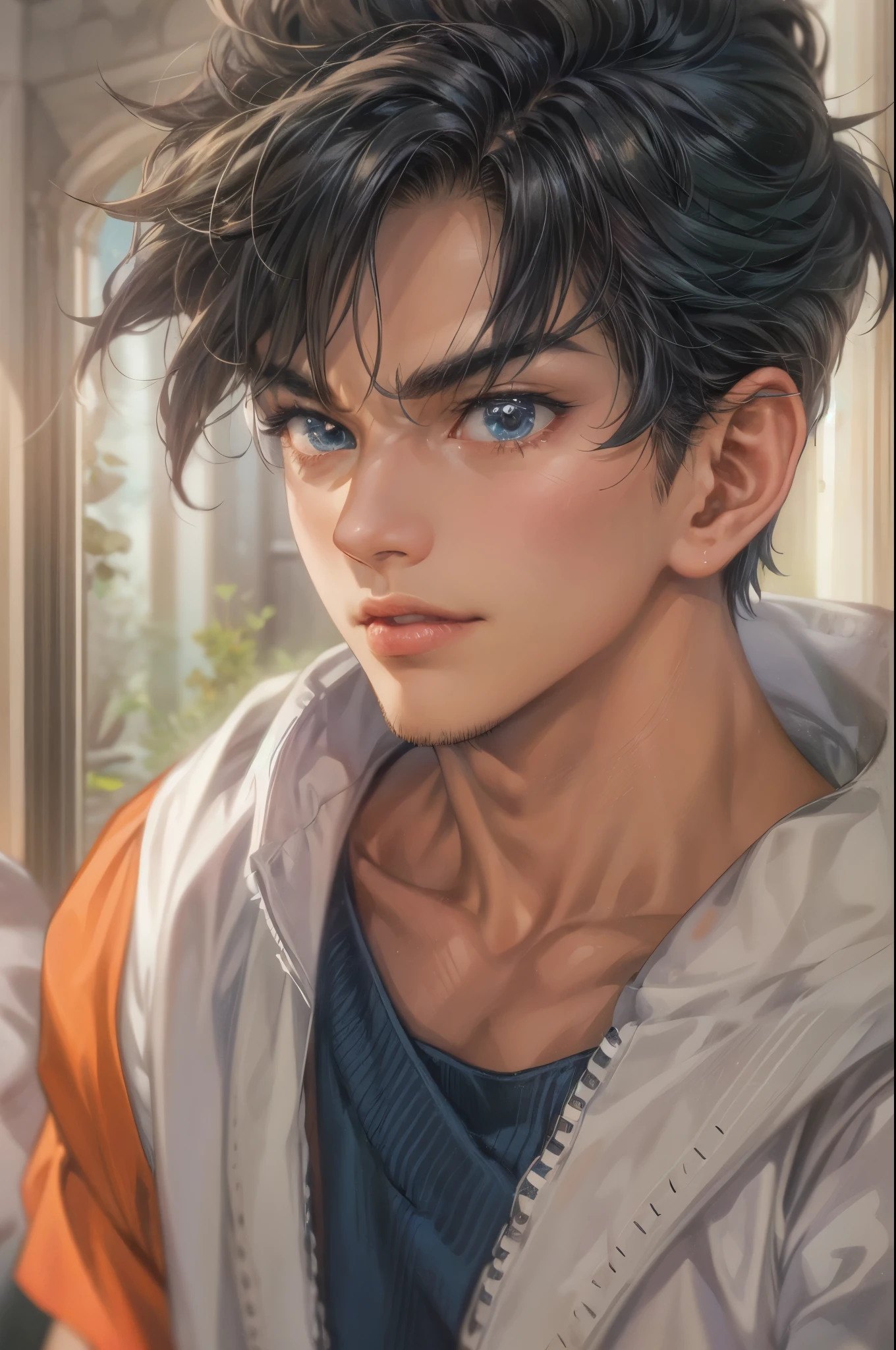 ((Best quality)), ((masterpiece)), (detailed), ((perfect face)), ((halfbody)) handsome face, male, teen boy,  perfect proportions , a character from anime Dragon ball Z, akira toriyama art style, short hair, male version , detailed ghibli interior scenery background 