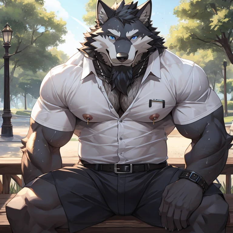 anthropology, wolf, hairy, black and white fur, big muscular, old-age, hairy, Sweating, Sparkling blue eyes, Big pink‚ with big‚ abs‚ handsome‚ sex, smile, pink nipples, nipple piercing, sit on park, open legs, black short, taking off short, high quality, shirt in mouth, white shirt super detail, 1080P, high quality, high quality, best quality, 8k, super detail, 16k