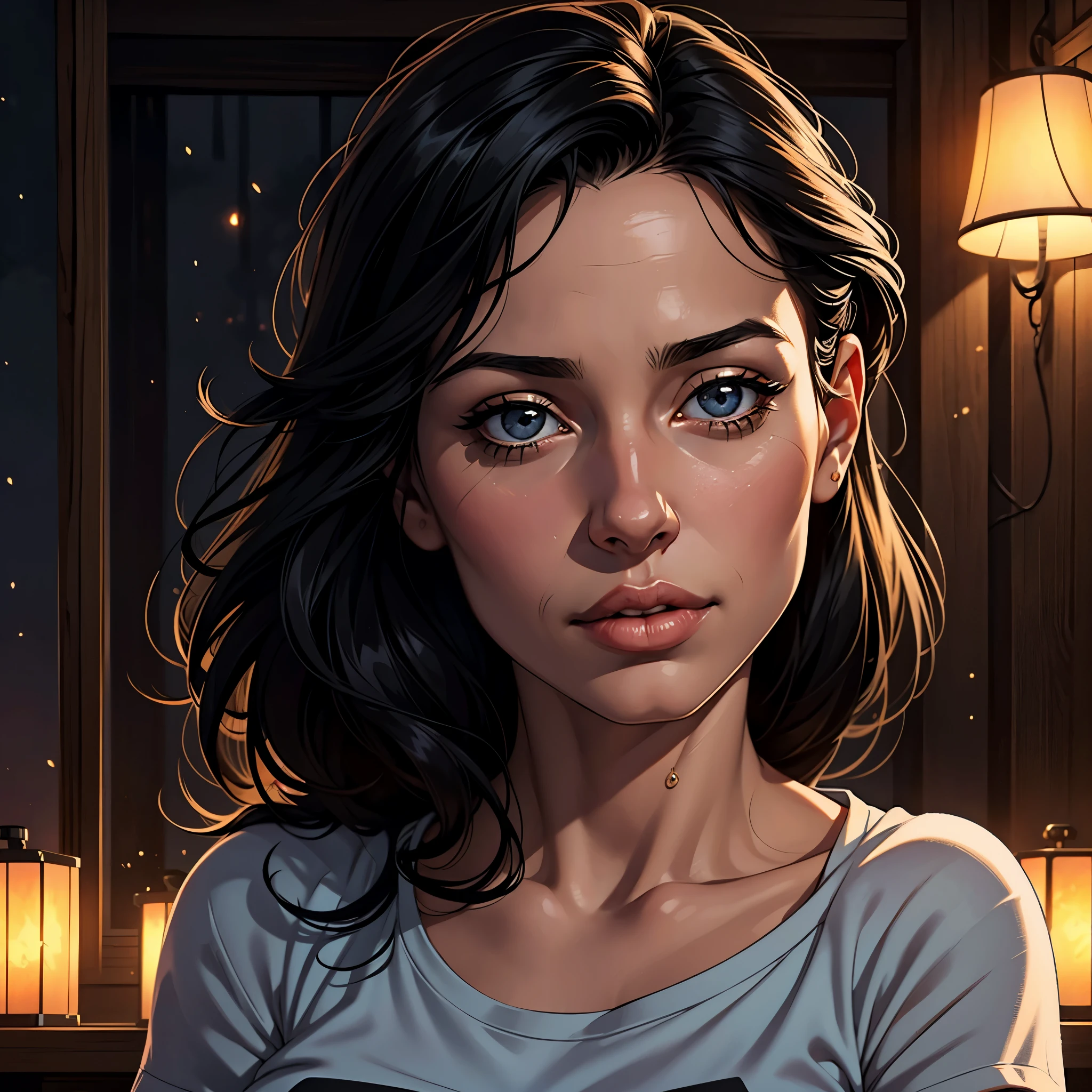 (Best quality, realistic, 1 girl), 40 years old, detailed eyes, detailed lips, black hair, short. t-shirt, cozy ambience, soft lighting, tranquil ambiance