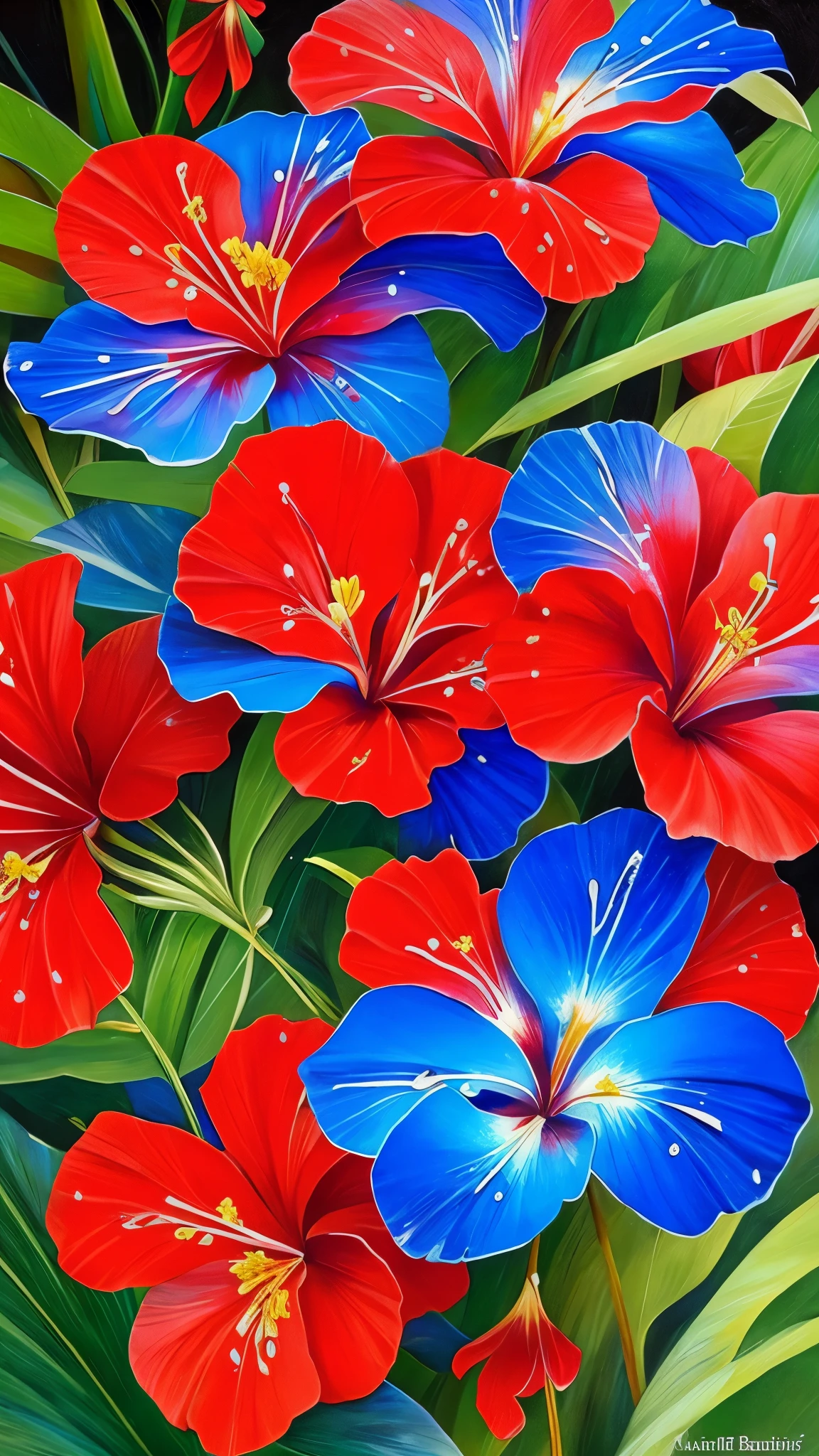 two red and blue flowers with water droplets on them, a photorealistic painting by Marie Bashkirtseff, flickr, fine art, magical colorful flowers, beautiful tropical flowers, beautiful vibrant colors, hibiscus flowers, beautiful and colorful, tropical flowers, rich flower colors, large exotic flowers, blooming tropical flowers, very vibrant colors, vibrant and rich colors, colorful flowers