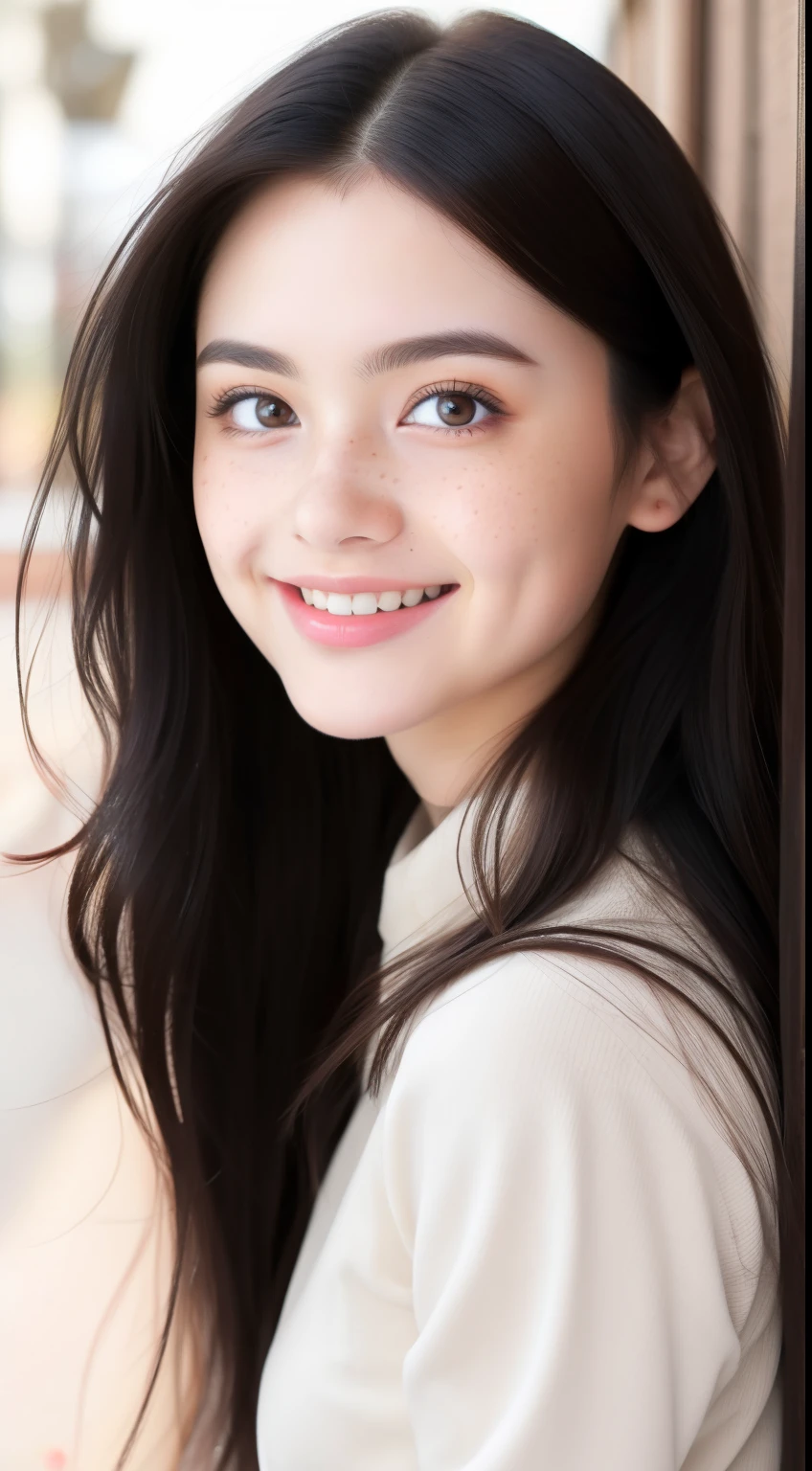 Age 18 years old、(Please generate a beautiful female face with big eyes, facing to camera, expressive eyes, vibrant long black hair, light brown eyes, very detailed nose, very small and thin lips, hyper detailed skin texture, freckles, smiling, ultra high quality, UHD, 