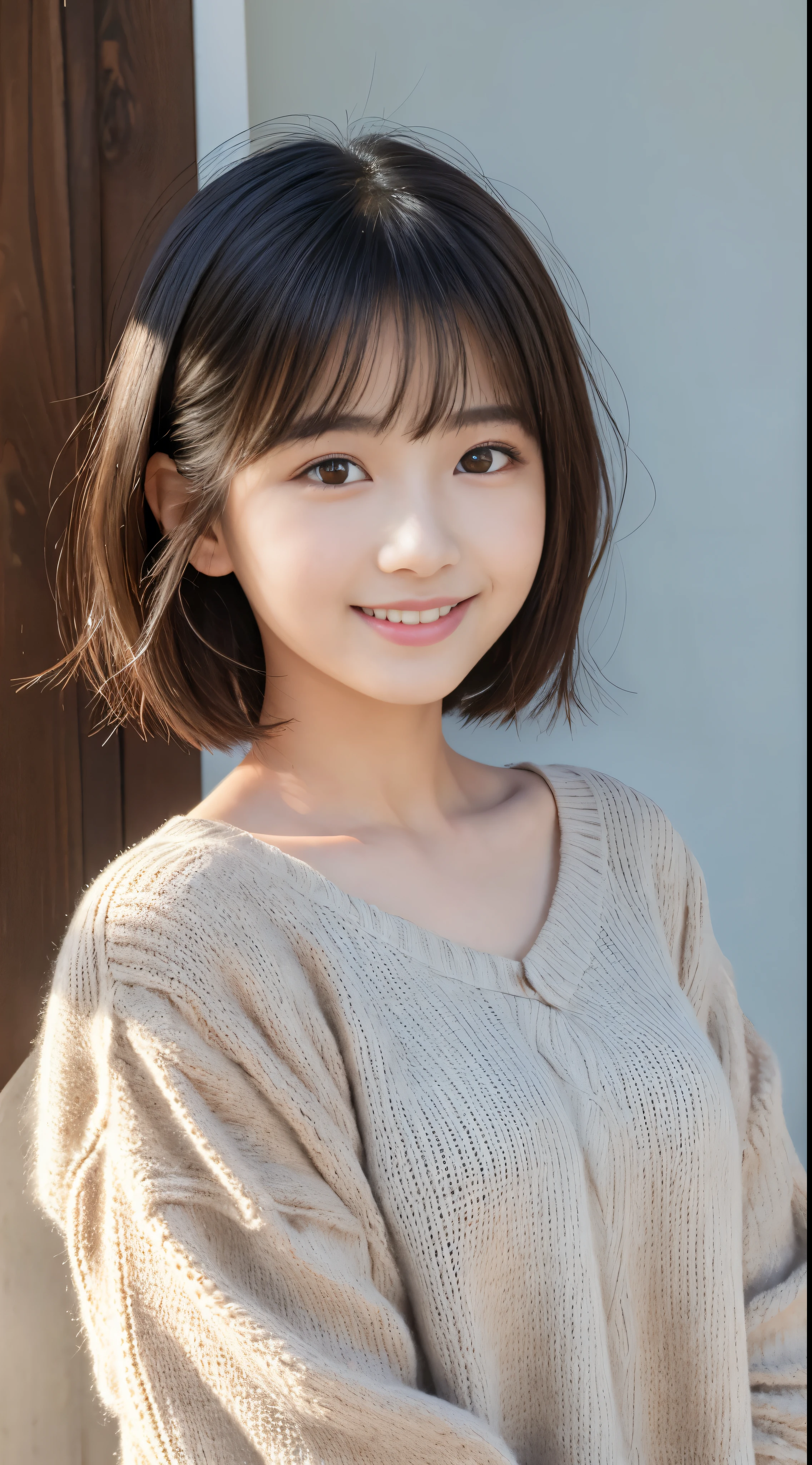 best quality, masterpiece, ultra high resolution, (lifelike:1.4), original photo, 1 girl, Japan's most famous idol, , Very cute face, Beautiful big black solid round eyes, Extremely beautiful short black hair, Extremely beautiful long eyelashes, extremely beautiful lips, Wear winter clothes with cute designs, innocent smile