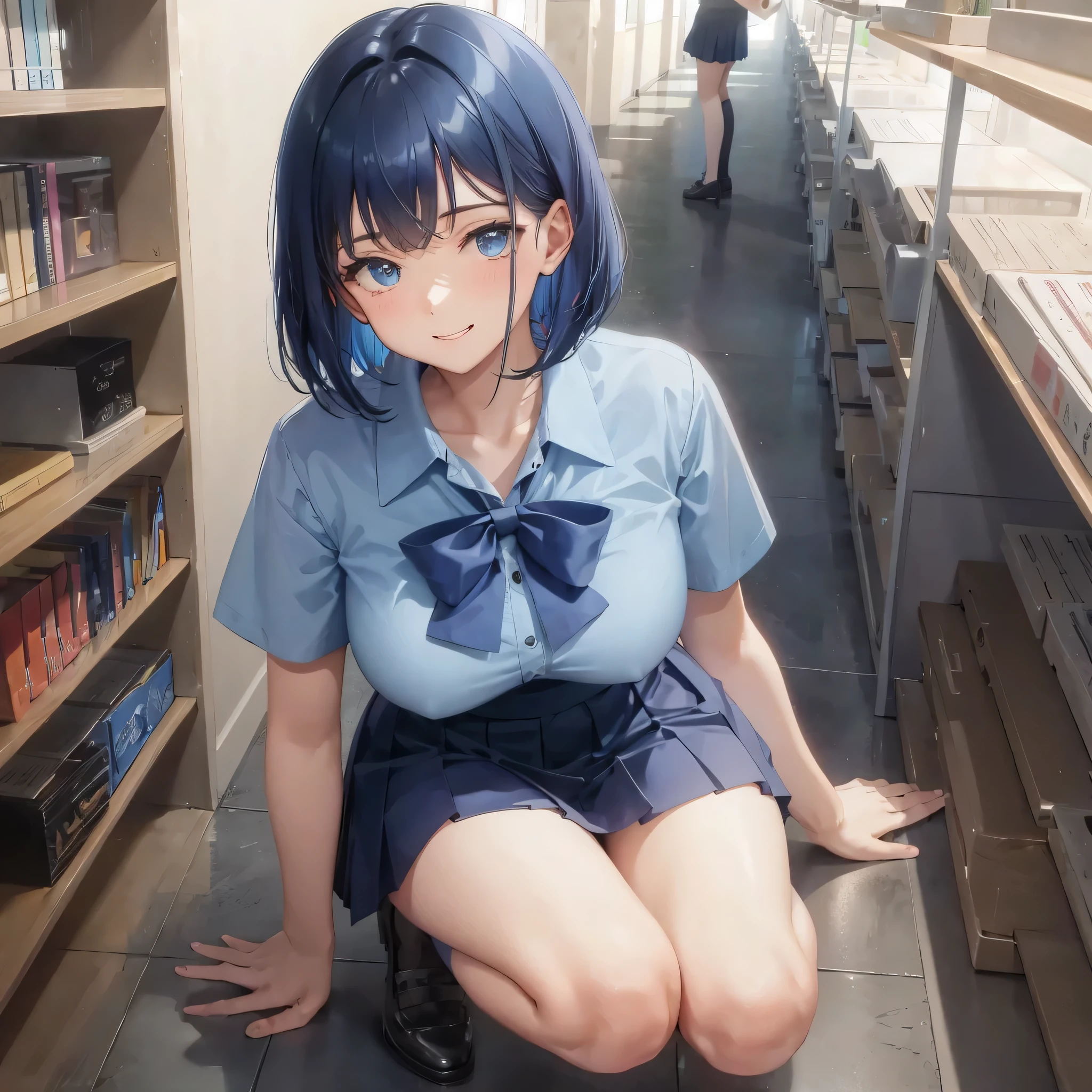 1 high school girl 17 year old female bob cut dark blue hair color high school uniform Light blue Y-shirt short sleeve blue ribbon dark blue hair color slender body shape big breasts full body portrait 学校のlibrary smile gently cheerful look library hand sign squat kneel down look up here