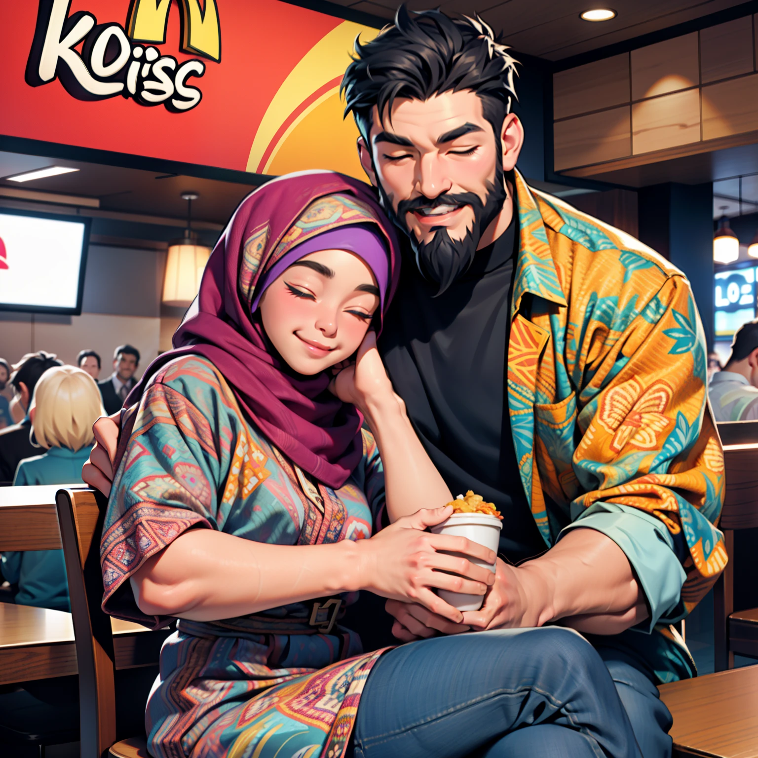 I am a 46-year-old father, maturing male with a thick beard and a relaxed expression, wearing a batik shirt with intricate designs, revealing hyperdetailed facial features and a stubble chin. McDonald's KFC restaurant is our backdrop, and I am seated comfortably on a chair, while my beloved 9-year-old daughter, adorned in a hijab, sits next to me, her clothes touching my arm, her soft cheeks resting on my upper bicep. She looks spoiled, her eyes closed in contentment, her smile soft and inviting, a perfect picture of happiness and closeness between a father and his daughter.