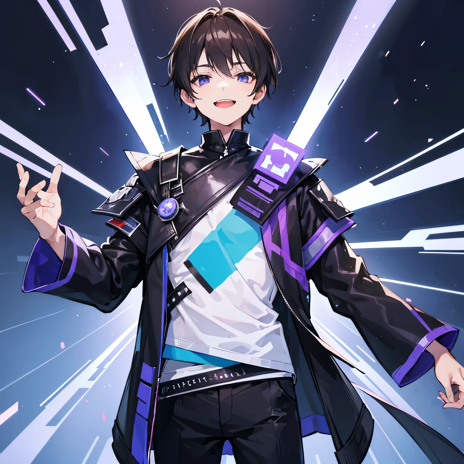 A boy, short blackish brown hair, wearing black futuristic outfit with white tshirt inside, futuristic Indian background, black-blue-purple-white themed, the boy laughing openly, high quality, 4k