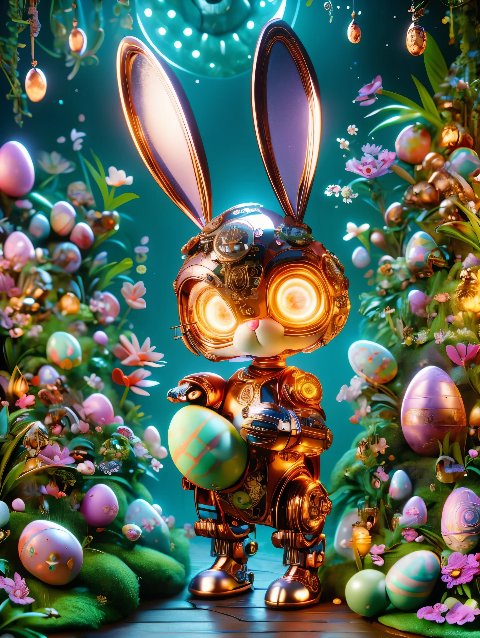 Pixar style, (Blind box toy style:1.2), (full-body shot) , A cute mechanical rabbit wearing an Easter style costume,(The body is made of fine copper and silver parts),(眼睛就像两颗发Light的宝石),(透明发Light),(Under the illumination of neon lights),与高精度的机械部件一起营造出闪闪发Light的效果。Rabbit holding a large easter egg,Stand in a fantasy garden filled with Easter-related steampunk elements。Surrounded by exotic plants and Easter eggs,Create a mysterious and fantasy atmosphere。The scene combines traditional Easter themes with a futuristic steampunk style,Showcasing rabbit's intricate designs and magical garden settings,Clean, White background, (global illumination, Light线追踪, high dynamic range, Unreal rendering,Reasonable design, high detail, masterpiece, best quality, ultra high definition, Light),chibi, 3D style
