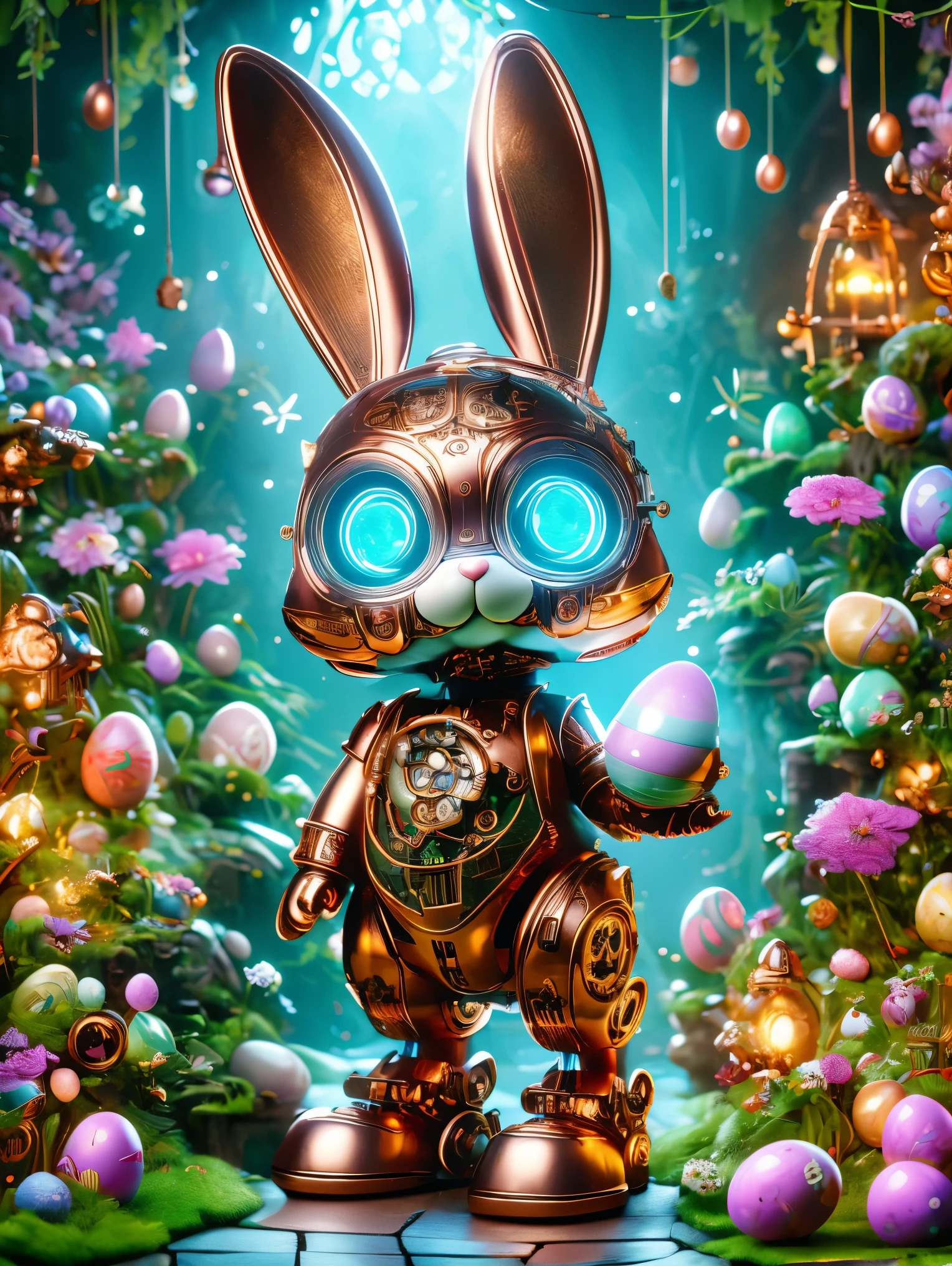 Pixar style, (Blind box toy style:1.2), (full-body shot) , A cute mechanical rabbit wearing an Easter style costume，(The body is made of fine copper and silver parts)，(眼睛就像两颗发Light的宝石)，(透明发Light)，(Under the illumination of neon lights)，与高精度的机械部件一起营造出闪闪发Light的效果。Rabbit holding a large easter egg，Stand in a fantasy garden filled with Easter-related steampunk elements。Surrounded by exotic plants and Easter eggs，Create a mysterious and fantasy atmosphere。The scene combines traditional Easter themes with a futuristic steampunk style，Showcasing rabbit&#39;s intricate designs and magical garden settings，Clean, White background, (global illumination, Light线追踪, high dynamic range, Unreal rendering,Reasonable design, high detail, masterpiece, best quality, ultra high definition, Light)，chibi, 3D style