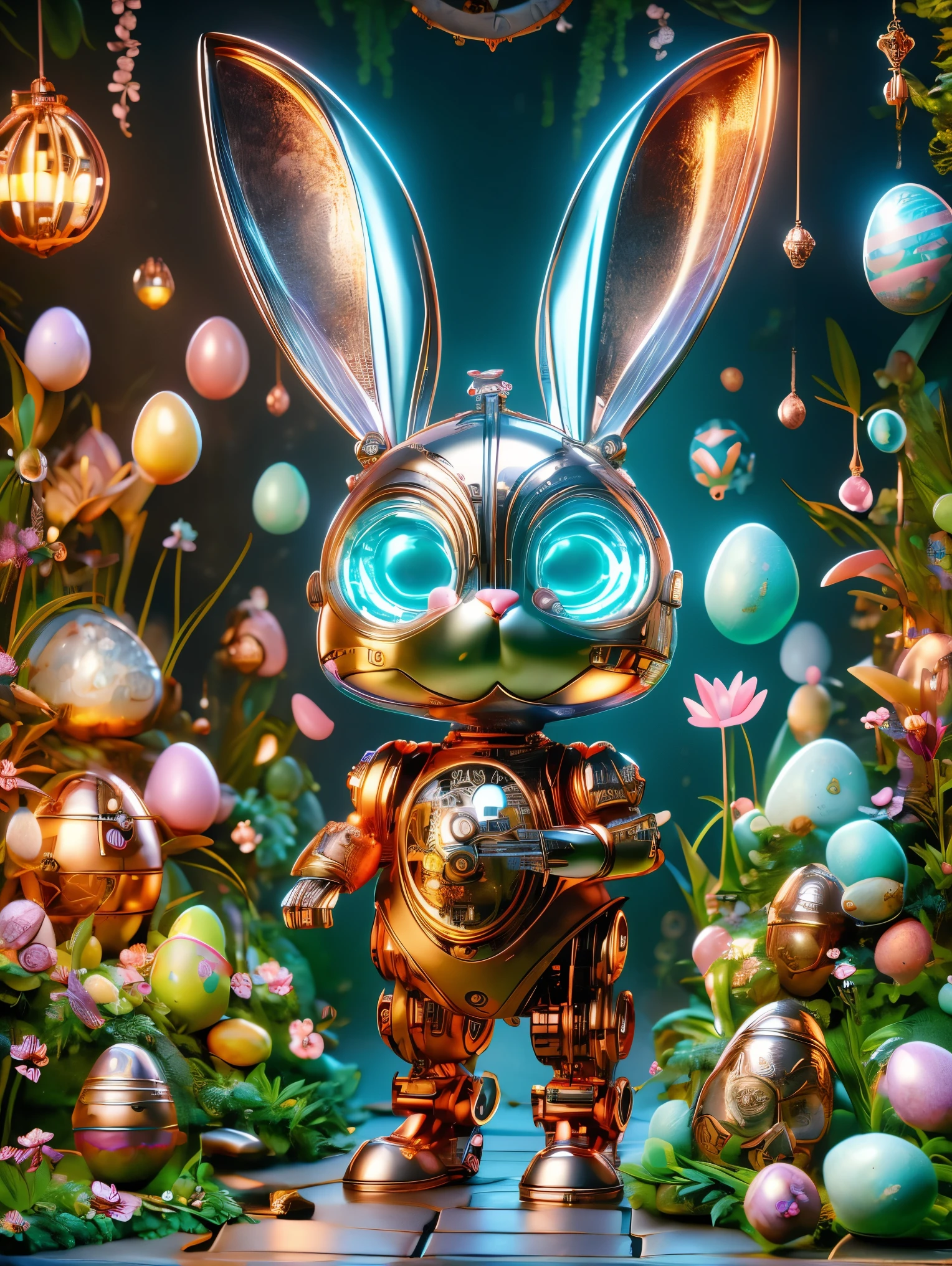 Pixar style, (Blind box toy style:1.2), (full-body shot) , A cute mechanical rabbit wearing an Easter style costume,(The body is made of fine copper and silver parts),(眼睛就像两颗发Light的宝石),(透明发Light),(Under the illumination of neon lights),与高精度的机械部件一起营造出闪闪发Light的效果。Rabbit holding a large easter egg,Stand in a fantasy garden filled with Easter-related steampunk elements。Surrounded by exotic plants and Easter eggs,Create a mysterious and fantasy atmosphere。The scene combines traditional Easter themes with a futuristic steampunk style,Showcasing rabbit's intricate designs and magical garden settings,Clean, White background, (global illumination, Light线追踪, high dynamic range, Unreal rendering,Reasonable design, high detail, masterpiece, best quality, ultra high definition, Light),chibi, 3D style