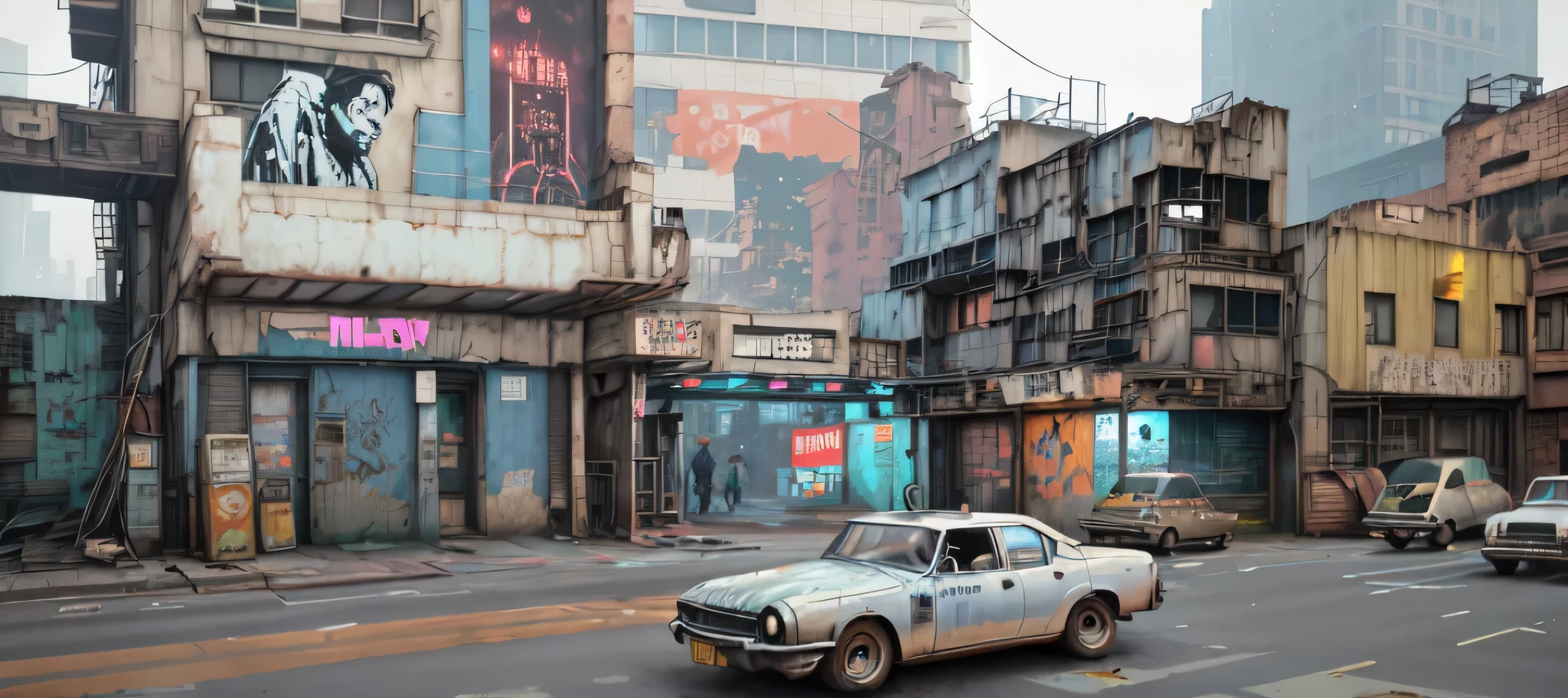 an aged, narrow alleyway in a futuristic city, framed by towering skyscrapers adorned with holographic advertisements; the alleyway is dimly lit, with rusted pipes and cracked pavement, contrasting the high-tech surroundings (Beeple-inspired:1.2) (grunge:1.1) (retro-futurism:1.1) (contrasts:1.2) (gritty ambiance) (vintage tones) (urban decay) (digital graffiti) (cyber-relics)