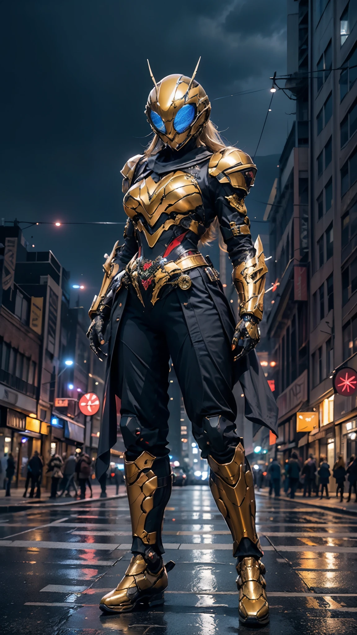 A woman adorned in fantasy-style full-body armor, a crown-concept fully enclosed helmet that unveils only her eyes, a composite layered chest plate, fully encompassing shoulder and hand guards, a lightweight waist armor, form-fitting shin guards, the overall design is heavy-duty yet flexible, ((the armor gleams with a golden glow, complemented by red and blue accents)), exhibiting a noble aura, she floats above the Futuristic city, this character embodies a finely crafted fantasy-surreal style armored hero in anime style, exquisite and mature manga art style, (Queen bee mixed with Spider concept Armor, photorealistic:1.4, real texture material:1.2), ((city night view, elegant, goddess, femminine:1.5)), metallic, high definition, best quality, highres, ultra-detailed, ultra-fine painting, extremely delicate, professional, anatomically correct, symmetrical face, extremely detailed eyes and face, high quality eyes, creativity, RAW photo, UHD, 32k, Natural light, cinematic lighting, masterpiece-anatomy-perfect, masterpiece:1.5