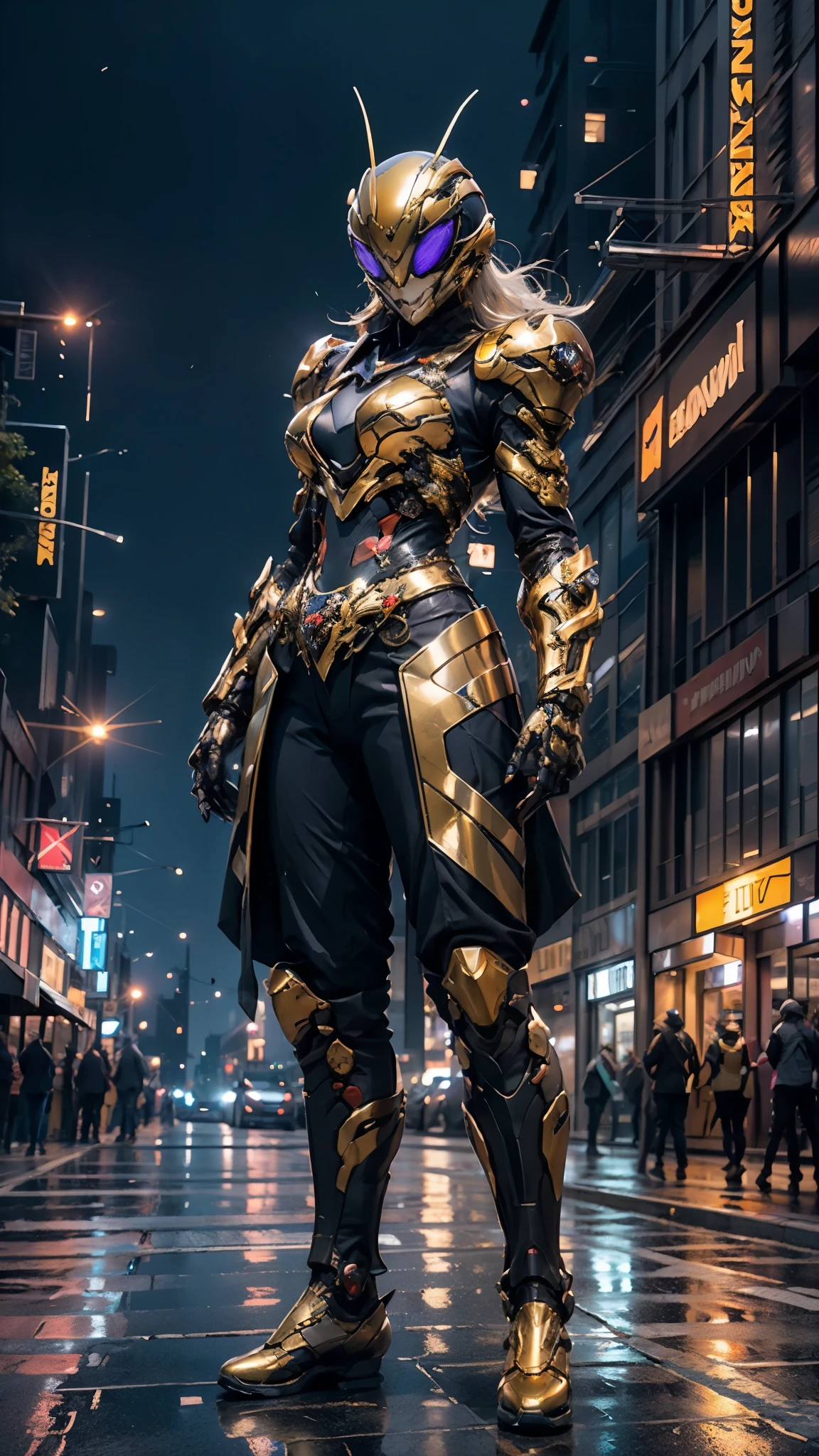 A woman adorned in fantasy-style full-body armor, a crown-concept fully enclosed helmet that unveils only her eyes, a composite layered chest plate, fully encompassing shoulder and hand guards, a lightweight waist armor, form-fitting shin guards, the overall design is heavy-duty yet flexible, ((the armor gleams with a golden glow, complemented by red and blue accents)), exhibiting a noble aura, she floats above the Futuristic city, this character embodies a finely crafted fantasy-surreal style armored hero in anime style, exquisite and mature manga art style, (Queen bee mixed with Spider concept Armor, photorealistic:1.4, real texture material:1.2), ((city night view, elegant, goddess, femminine:1.5)), metallic, high definition, best quality, highres, ultra-detailed, ultra-fine painting, extremely delicate, professional, anatomically correct, symmetrical face, extremely detailed eyes and face, high quality eyes, creativity, RAW photo, UHD, 32k, Natural light, cinematic lighting, masterpiece-anatomy-perfect, masterpiece:1.5