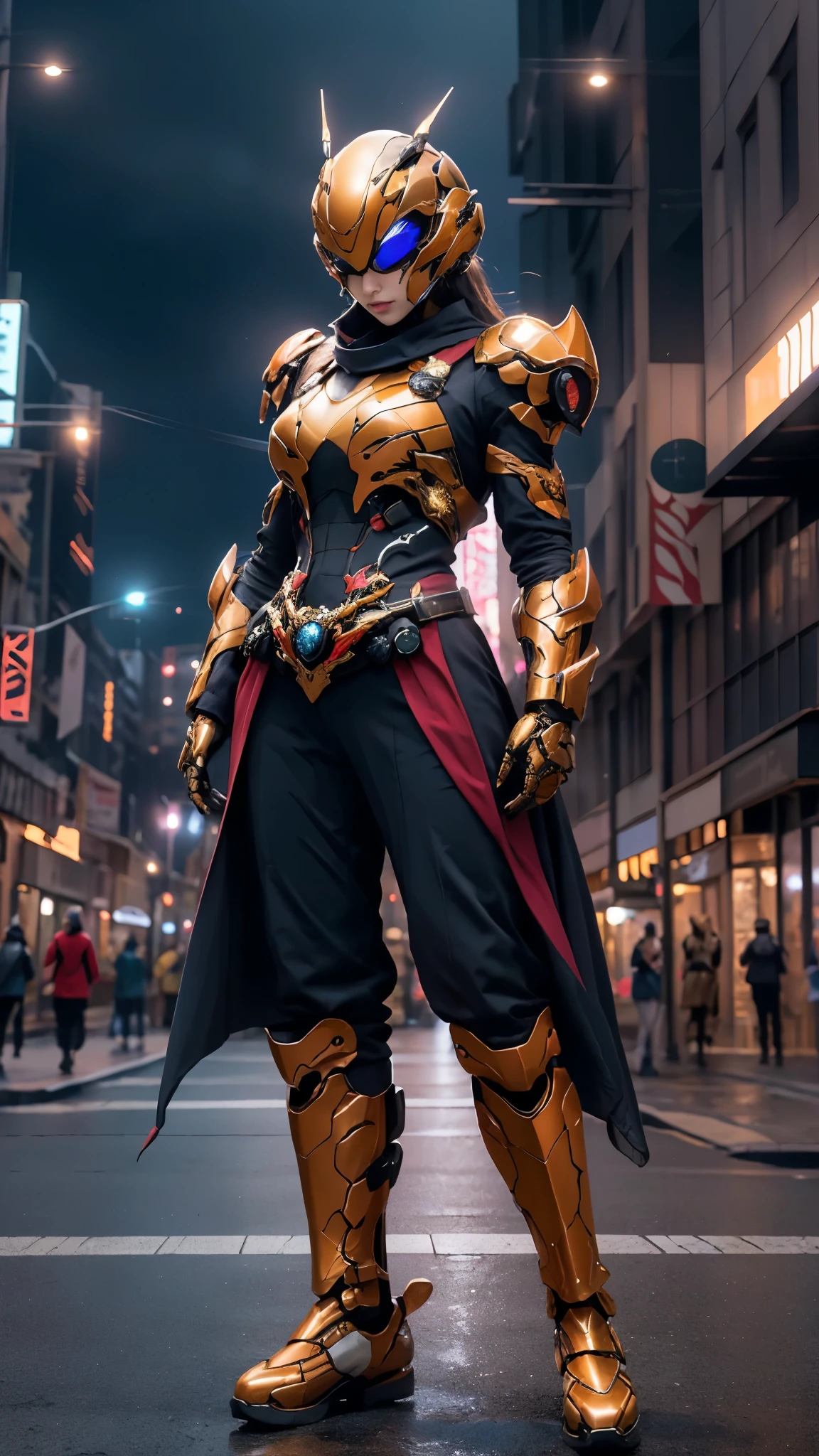 A woman adorned in fantasy-style full-body armor, a crown-concept fully enclosed helmet that unveils only her eyes, a composite layered chest plate, fully encompassing shoulder and hand guards, a lightweight waist armor, form-fitting shin guards, the overall design is heavy-duty yet flexible, ((the armor gleams with a golden glow, complemented by red and blue accents)), exhibiting a noble aura, she floats above the Futuristic city, this character embodies a finely crafted fantasy-surreal style armored hero in anime style, exquisite and mature manga art style, (Queen bee mixed with Spider concept Armor, photorealistic:1.4, real texture material:1.2), ((city night view, elegant, goddess, femminine:1.5)), metallic, high definition, best quality, highres, ultra-detailed, ultra-fine painting, extremely delicate, professional, anatomically correct, symmetrical face, extremely detailed eyes and face, high quality eyes, creativity, RAW photo, UHD, 32k, Natural light, cinematic lighting, masterpiece-anatomy-perfect, masterpiece:1.5