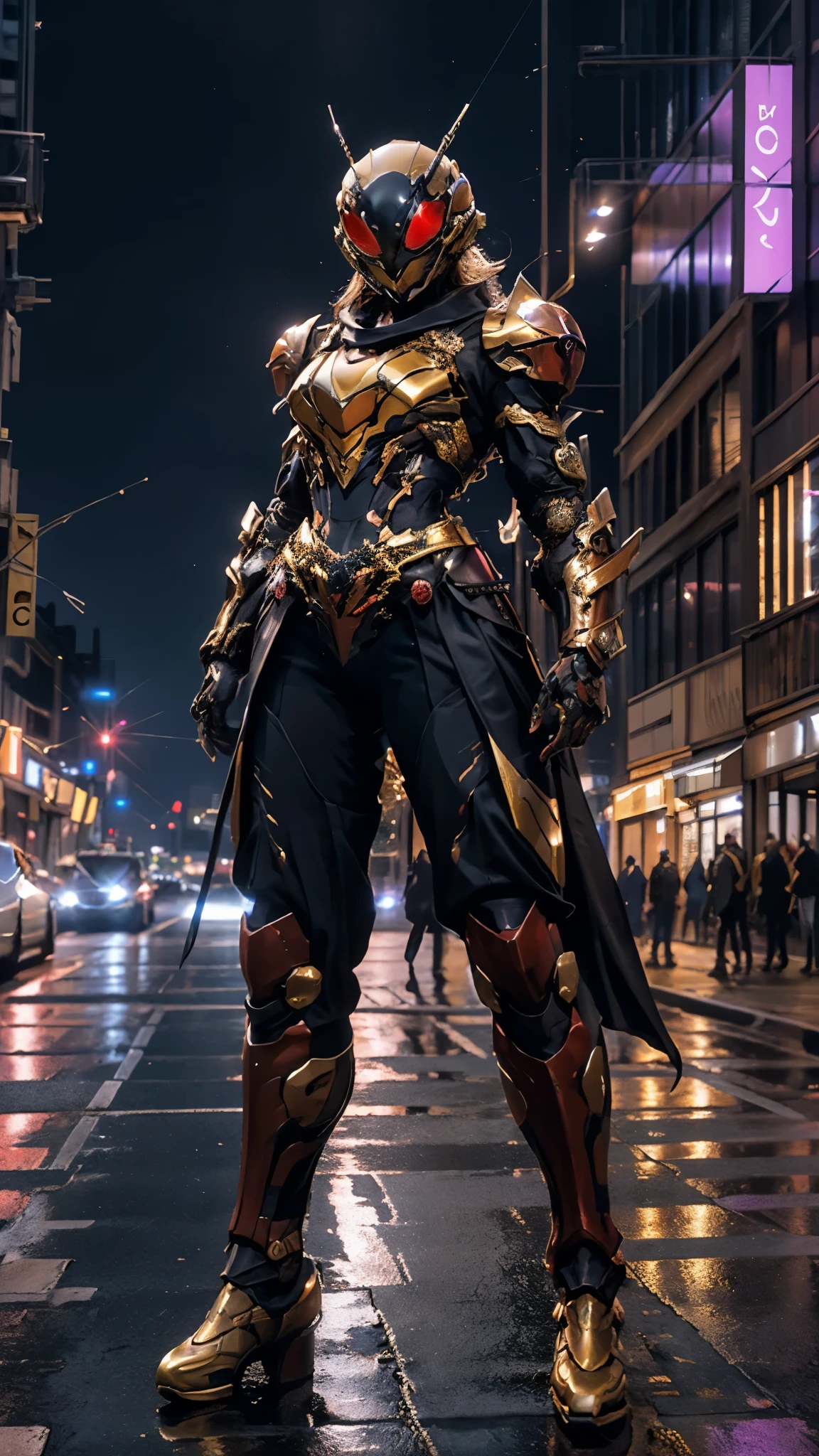 A woman adorned in fantasy-style full-body armor, a crown-concept fully enclosed helmet that unveils only her eyes, a composite layered chest plate, fully encompassing shoulder and hand guards, a lightweight waist armor, form-fitting shin guards, the overall design is heavy-duty yet flexible, ((the armor gleams with a golden glow, complemented by red and blue accents)), exhibiting a noble aura, she floats above the Futuristic city, this character embodies a finely crafted fantasy-surreal style armored hero in anime style, exquisite and mature manga art style, (Queen bee mixed with Spider concept Armor, photorealistic:1.4, real texture material:1.2), ((city night view, elegant, goddess, femminine:1.5)), metallic, high definition, best quality, highres, ultra-detailed, ultra-fine painting, extremely delicate, professional, anatomically correct, symmetrical face, extremely detailed eyes and face, high quality eyes, creativity, RAW photo, UHD, 32k, Natural light, cinematic lighting, masterpiece-anatomy-perfect, masterpiece:1.5