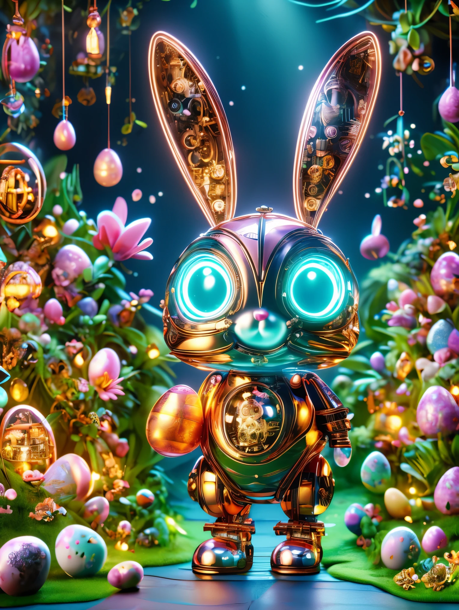 Pixar style, (Blind box toy style:1.2), (full-body shot) , A cute mechanical rabbit wearing an Easter style costume,(The body is made of fine copper and silver parts),(眼睛就像两颗发Light的宝石),(透明发Light),(Under the illumination of neon lights),与高精度的机械部件一起营造出闪闪发Light的效果。Mechanical Bunny Rabbit is holding a large Easter egg,Stand in a fantasy garden filled with Easter-related steampunk elements。Surrounded by exotic plants and Easter eggs,Create a mysterious and fantasy atmosphere。The scene combines traditional Easter themes with a futuristic steampunk style,Showcasing rabbit's intricate designs and magical garden settings,Clean, White background, (global illumination, Light线追踪, high dynamic range, Unreal rendering,Reasonable design, high detail, masterpiece, best quality, ultra high definition, Light),chibi, 3D style