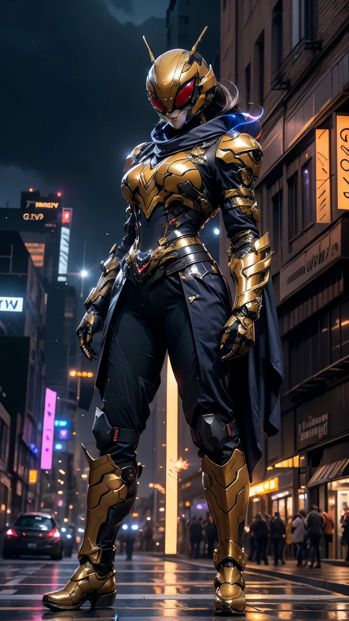 A woman adorned in fantasy-style full-body armor, a crown-concept fully enclosed helmet that unveils only her eyes, a composite layered chest plate, fully encompassing shoulder and hand guards, a lightweight waist armor, form-fitting shin guards, the overall design is heavy-duty yet flexible, ((the armor gleams with a golden glow, complemented by red and blue accents)), exhibiting a noble aura, she floats above the Futuristic city, this character embodies a finely crafted fantasy-surreal style armored hero in anime style, exquisite and mature manga art style, (Queen bee mixed with Spider concept Armor, photorealistic:1.4, real texture material:1.2), ((city night view, elegant, goddess, femminine:1.5)), metallic, high definition, best quality, highres, ultra-detailed, ultra-fine painting, extremely delicate, professional, anatomically correct, symmetrical face, extremely detailed eyes and face, high quality eyes, creativity, RAW photo, UHD, 32k, Natural light, cinematic lighting, masterpiece-anatomy-perfect, masterpiece:1.5