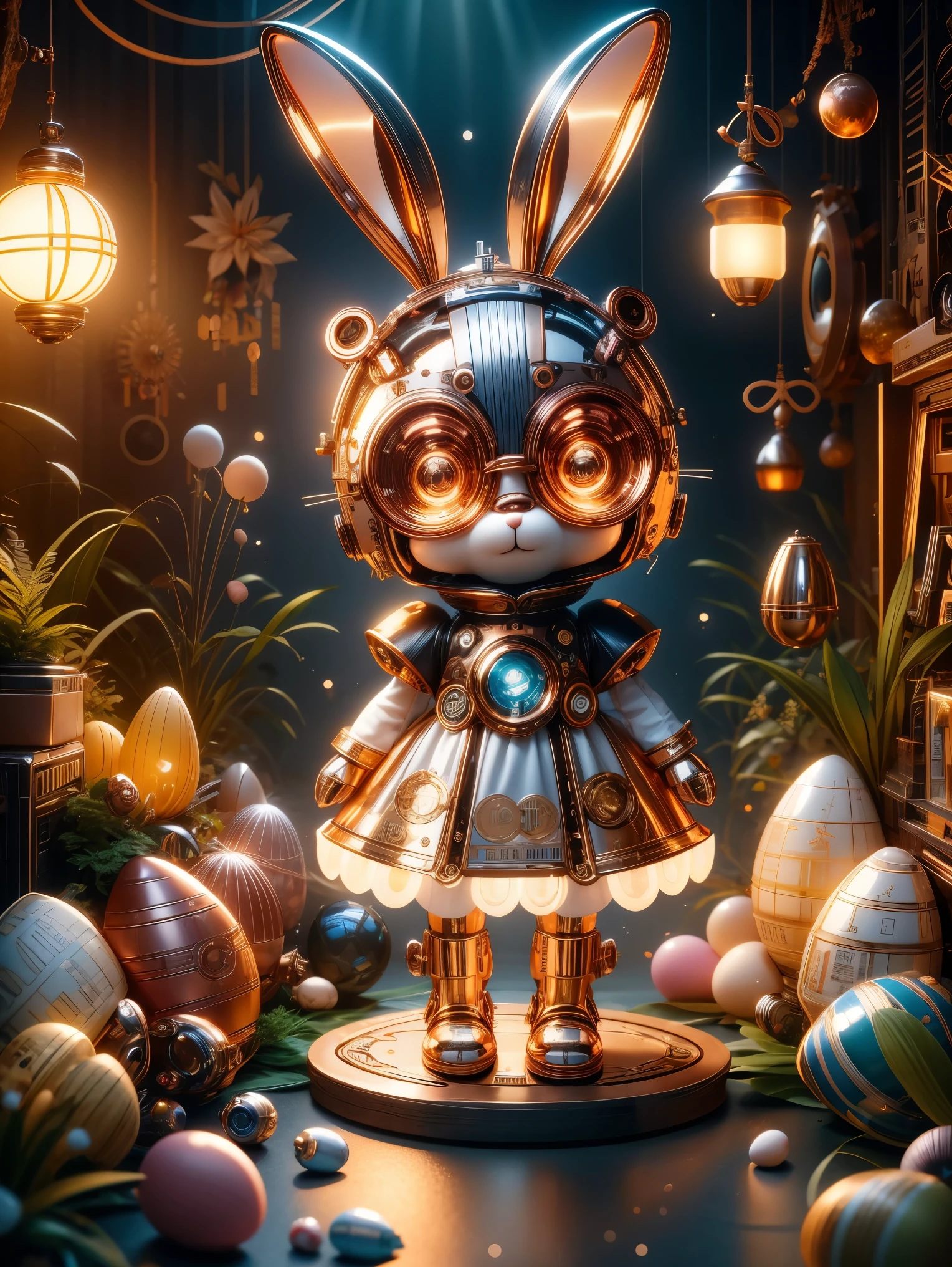 Pixar style, (Blind box toy style:1.2), A cute mechanical rabbit wearing clothes，透明发Light，霓虹灯Light，High precision mechanical parts，Its body is composed of delicate copper and silver parts，眼睛像两颗发Light的宝石，Clean, White background, (global illumination, Light线追踪, high dynamic range, Unreal rendering, Reasonable design, high detail, masterpiece, best quality, ultra high definition, Light)，chibi, 3d