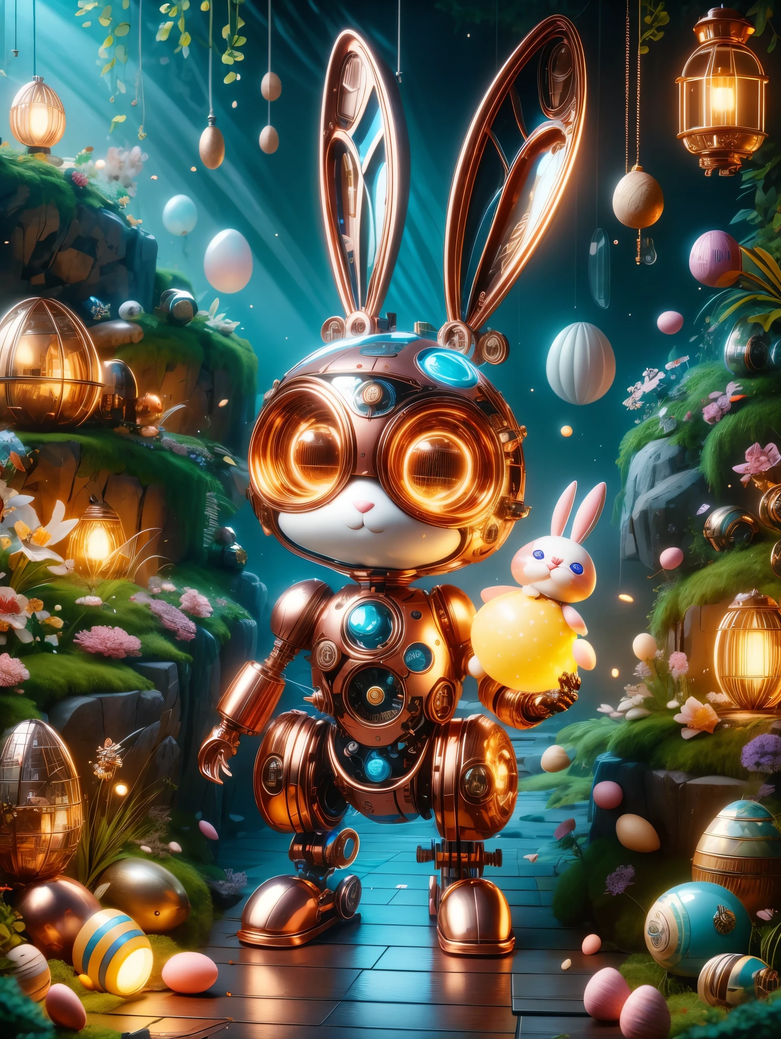 Pixar style, (Blind box toy style:1.2), A cute mechanical rabbit wearing clothes,透明发Light,霓虹灯Light,High precision mechanical parts,Its body is composed of delicate copper and silver parts,眼睛像两颗发Light的宝石,Clean, White background, (global illumination, Light线追踪, high dynamic range, Unreal rendering, Reasonable design, high detail, masterpiece, best quality, ultra high definition, Light),chibi, 3d