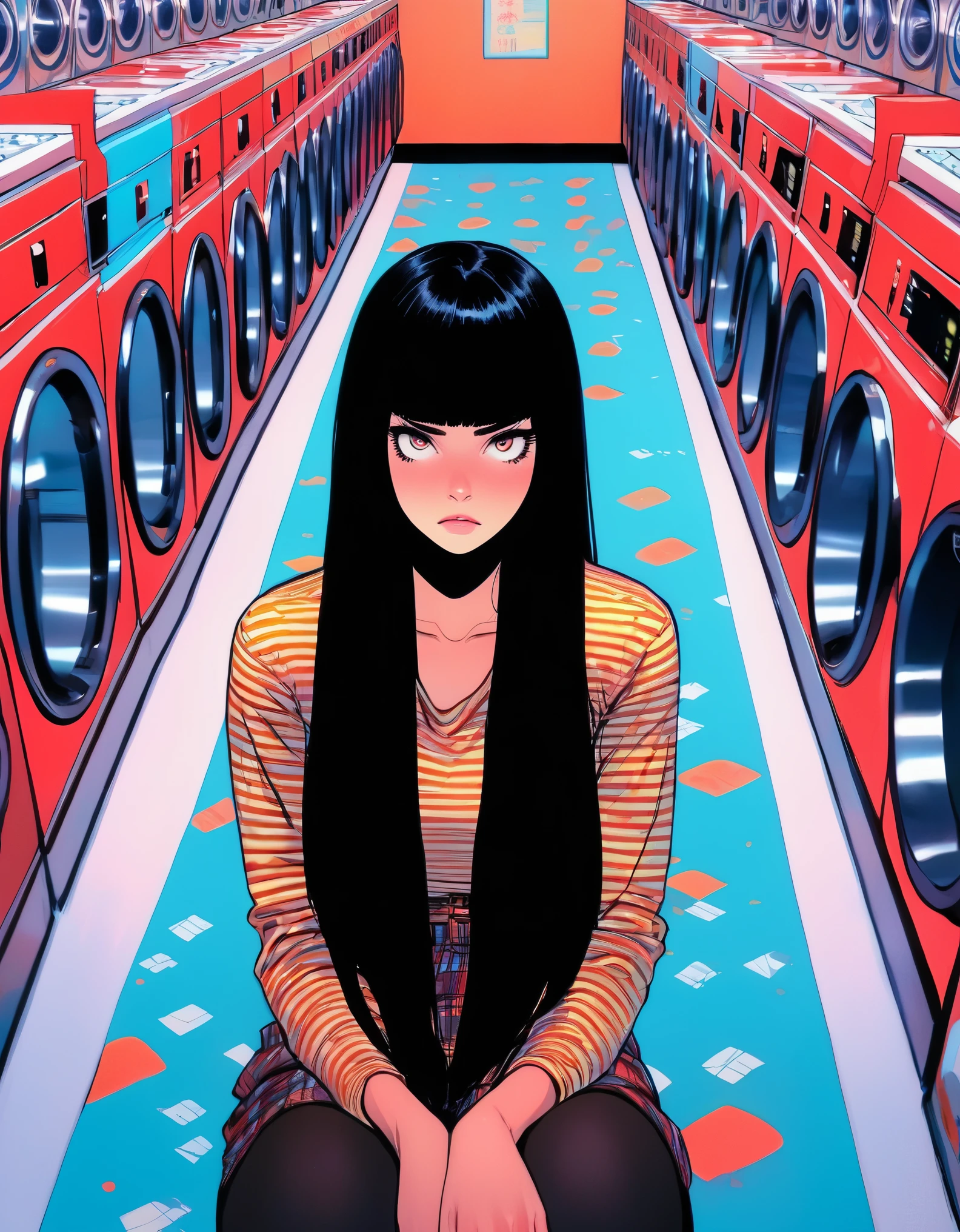 Woman,  long black hair,Bust , bored,  waiting at a laundromat,  art by Junji Ito,  art by Martine Johanna,  anime network,  anime style