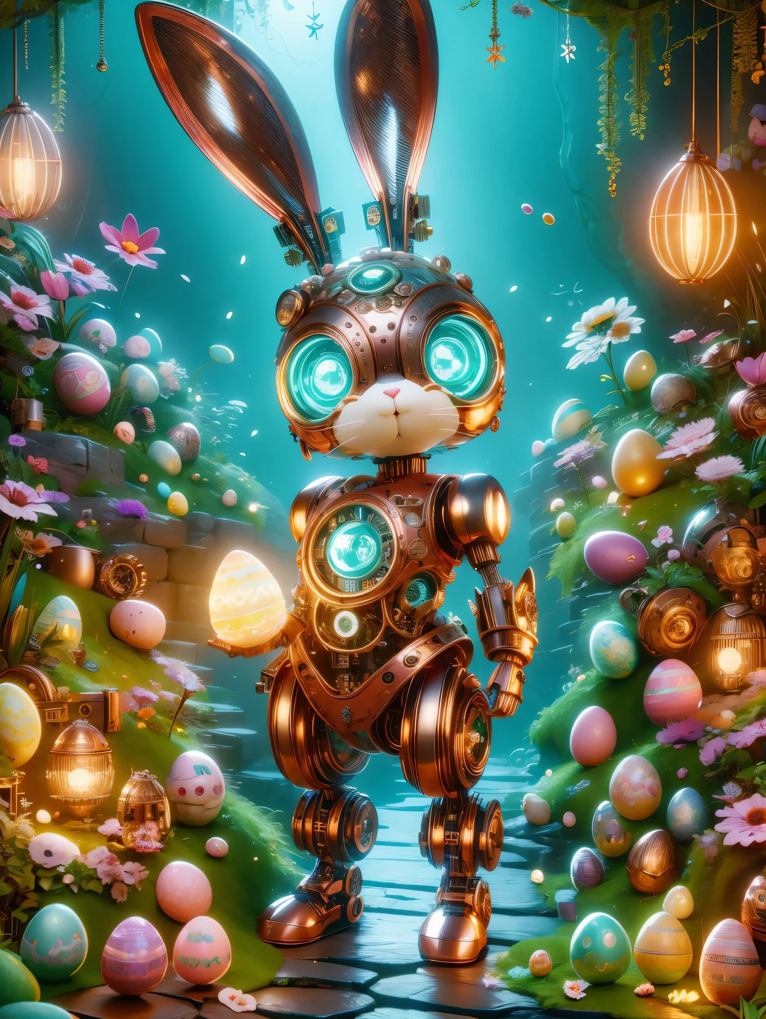 Pixar style, (Blind box toy style:1.2), (full-body shot) , mechanical rabbit, Easter outfit, steampunk garden, neon lights, translucent, glowing, high precision mechanical parts, Easter eggs, copper, silver, gem-like eyes, fantastical plants, Easter theme, futuristic, traditional celebration, photo real, Shot on a 50mm lens, classic composition, masterpiece, exquisite, color correction, amazing visual effects, crazy details, intricate details, sharp focus, super high effect. Clean, White background, (global illumination, Light线追踪, high dynamic range, Unreal rendering,Reasonable design, high detail, masterpiece, best quality, ultra high definition, Light)，chibi, 3D style