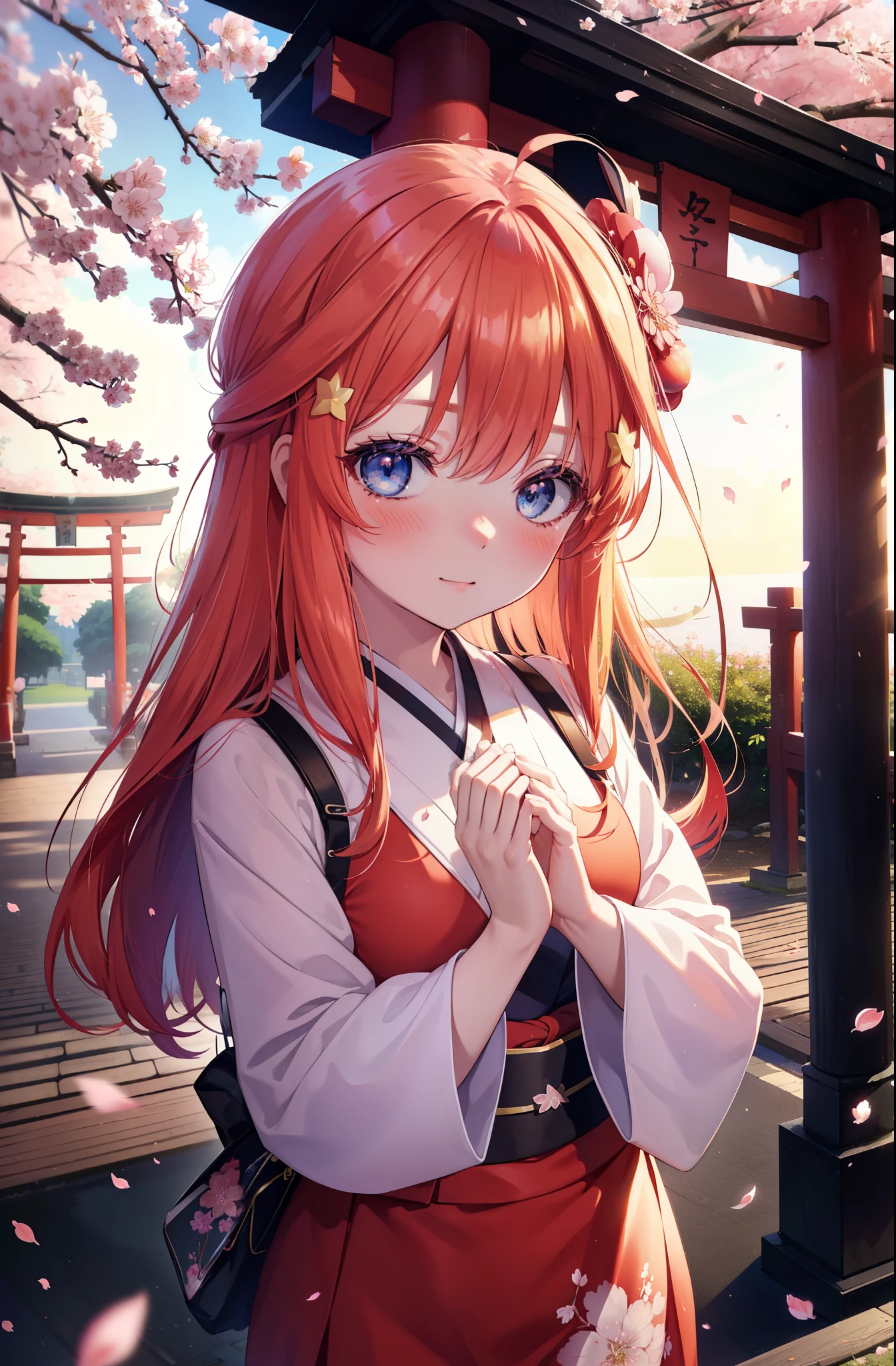itsukinakano, Itsuki Nakano, bangs, blue eyes, hair between eyes, Ahoge,hair tied back,,long hair, redhead, star \(symbol\), hair ornaments, star hair ornaments,smile,blush,Gorgeous kimono with red floral pattern,white foot bag,Zori cherry blossoms are blooming,Cherry blossoms are scattered,Cherry blossom tree-lined path,praying,
break outdoors, shrine,torii,
break (masterpiece:1.2), highest quality, High resolution, unity 8k wallpaper, (figure:0.8), (detailed and beautiful eyes:1.6), highly detailed face, perfect lighting, Very detailed CG, (perfect hands, perfect anatomy),