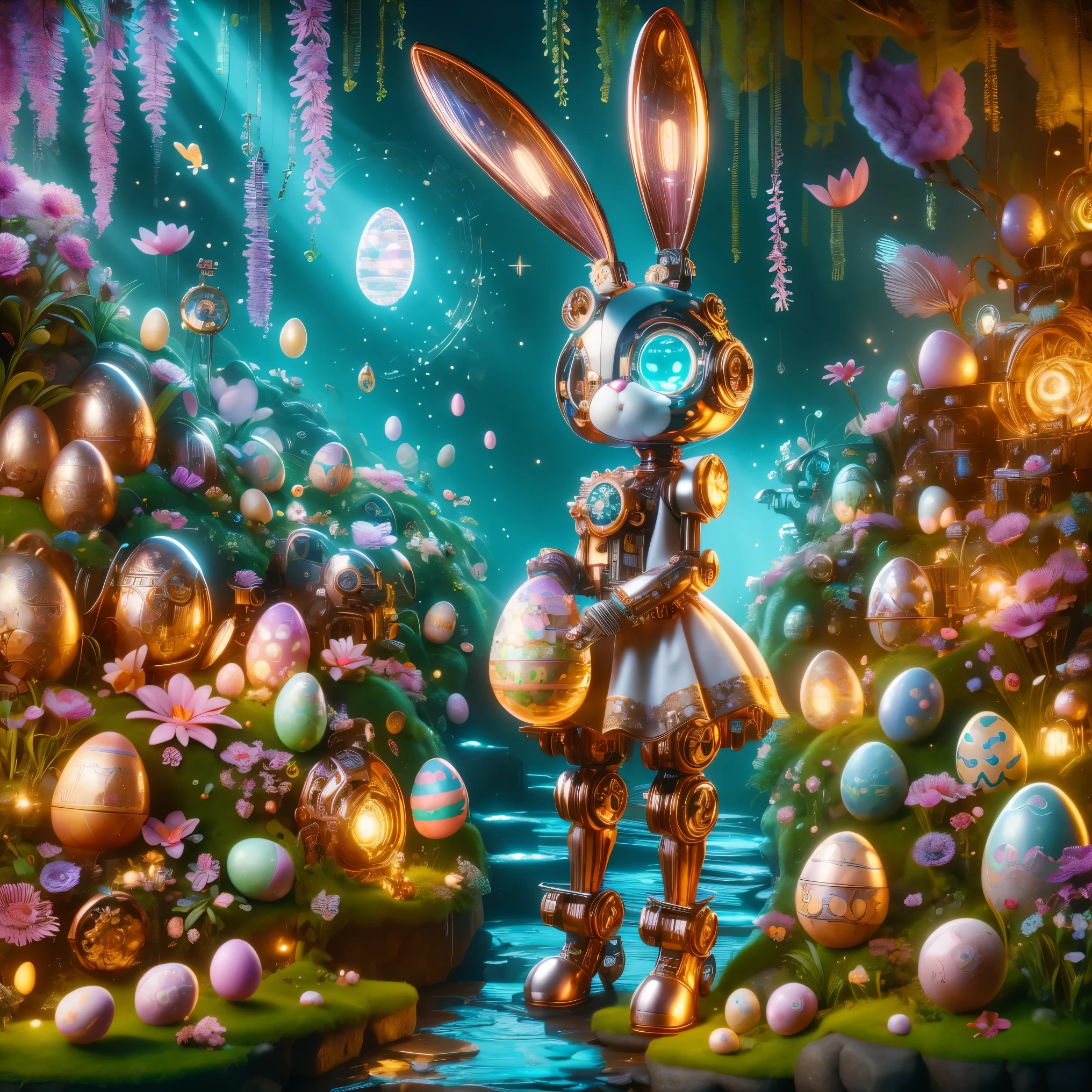 Pixar style, (Blind box toy style:1.2), (full-body shot) , A cute mechanical bunny dressed in Easter-style attire, its body made of exquisite copper and silver parts. Its eyes are like two glowing gems, transparent and illuminated by neon lights, creating a sparkling effect with high-precision mechanical components. The bunny is holding an Easter egg and stands in a fantasy garden filled with steampunk elements related to Easter. The surroundings are adorned with bizarre plants and Easter eggs, creating a mysterious and fantastical atmosphere. The scene combines traditional Easter themes with a futuristic steampunk twist, showcasing the bunny's intricate design and the magical garden setting. Clean, White background, (global illumination, Light线追踪, high dynamic range, Unreal rendering,Reasonable design, high detail, masterpiece, best quality, ultra high definition, Light)，chibi, locomotive, 3D style，easter style