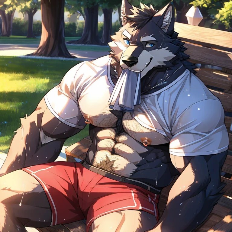 anthropology, wolf, hairy, black and white fur, big muscular, -age, hairy, Sweating, Sparkling blue eyes, Big pink‚ with big‚ abs‚ handsome‚ sex, smile, pink nipples, nipple piercing, sit on park, open legs, black short, taking off short, high quality, shirt in mouth, white shirt super detail, 1080P, high quality, high quality, best quality, 8k, super detail, 16k