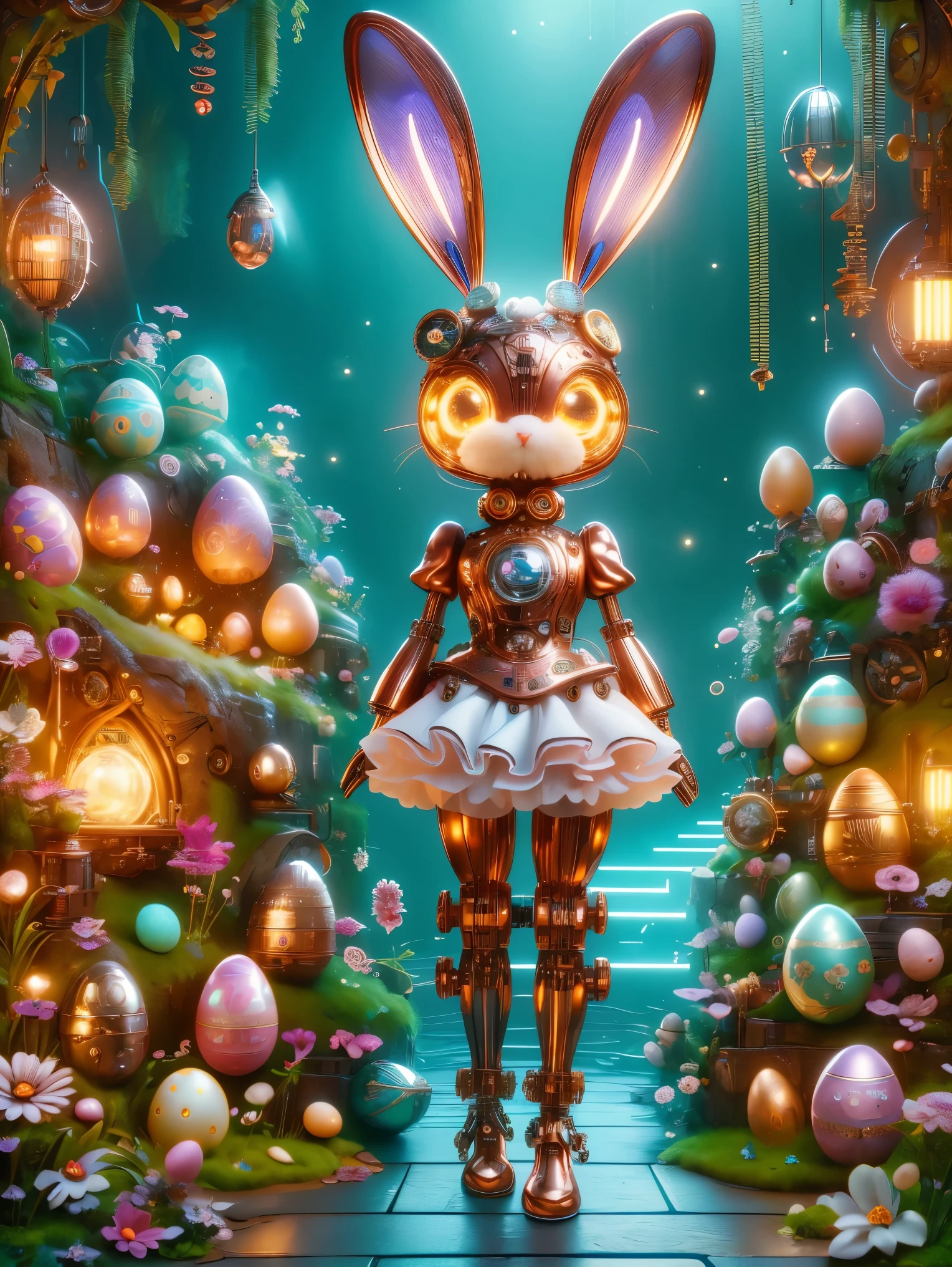 Pixar style, (Blind box toy style:1.2), (full-body shot) , A cute mechanical bunny dressed in Easter-style attire, its body made of exquisite copper and silver parts. Its eyes are like two glowing gems, transparent and illuminated by neon lights, creating a sparkling effect with high-precision mechanical components. The bunny is holding an Easter egg and stands in a fantasy garden filled with steampunk elements related to Easter. The surroundings are adorned with bizarre plants and Easter eggs, creating a mysterious and fantastical atmosphere. The scene combines traditional Easter themes with a futuristic steampunk twist, showcasing the bunny's intricate design and the magical garden setting. Clean, White background, (global illumination, Light线追踪, high dynamic range, Unreal rendering,Reasonable design, high detail, masterpiece, best quality, ultra high definition, Light)，chibi, locomotive, 3D style，easter style