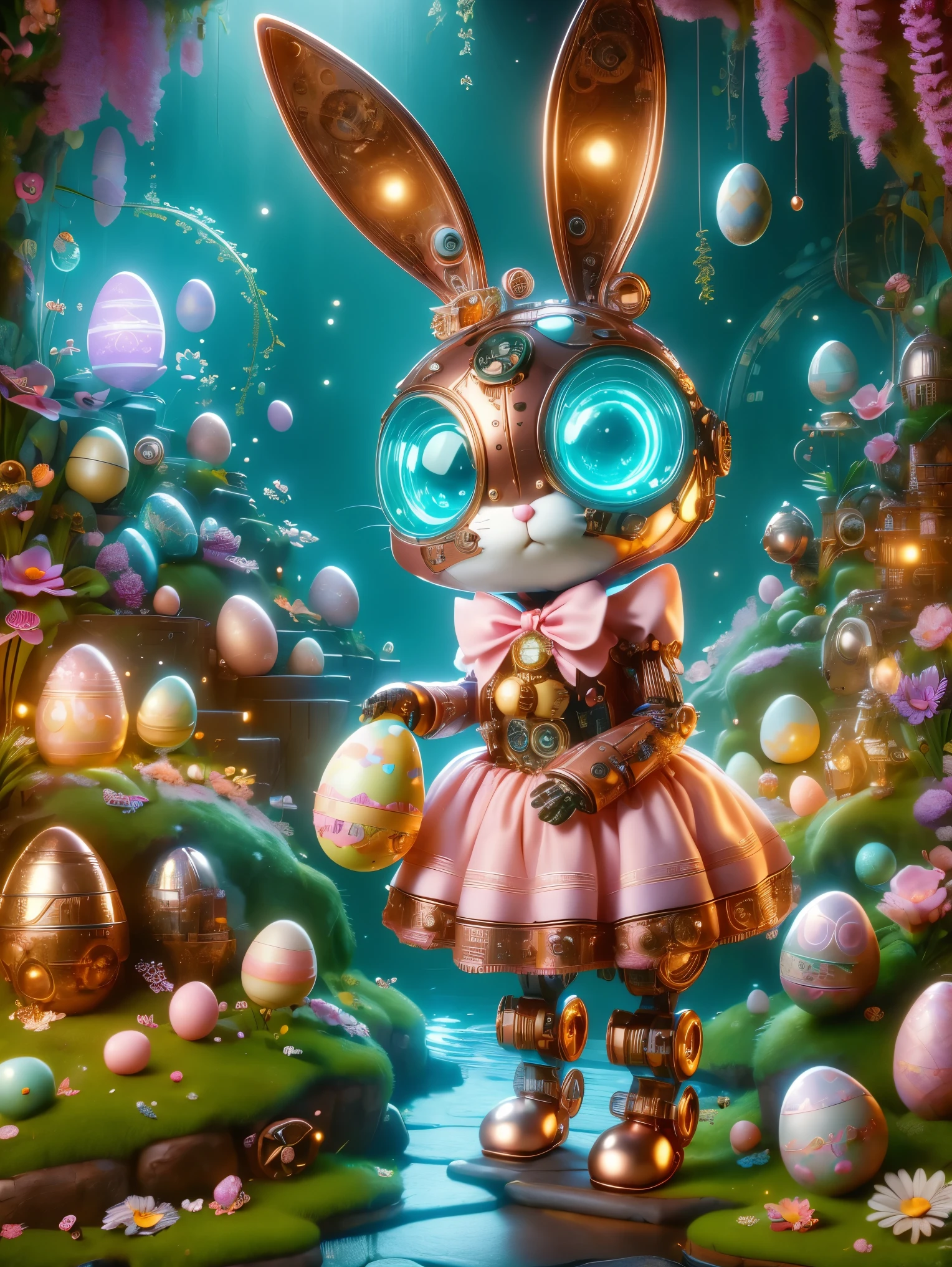 Pixar style, (Blind box toy style:1.2), (full-body shot) , A cute mechanical bunny dressed in Easter-style attire, its body made of exquisite copper and silver parts. Its eyes are like two glowing gems, transparent and illuminated by neon lights, creating a sparkling effect with high-precision mechanical components. The bunny is holding an Easter egg and stands in a fantasy garden filled with steampunk elements related to Easter. The surroundings are adorned with bizarre plants and Easter eggs, creating a mysterious and fantastical atmosphere. The scene combines traditional Easter themes with a futuristic steampunk twist, showcasing the bunny's intricate design and the magical garden setting. Clean, White background, (global illumination, Light线追踪, high dynamic range, Unreal rendering,Reasonable design, high detail, masterpiece, best quality, ultra high definition, Light)，chibi, locomotive, 3D style，easter style