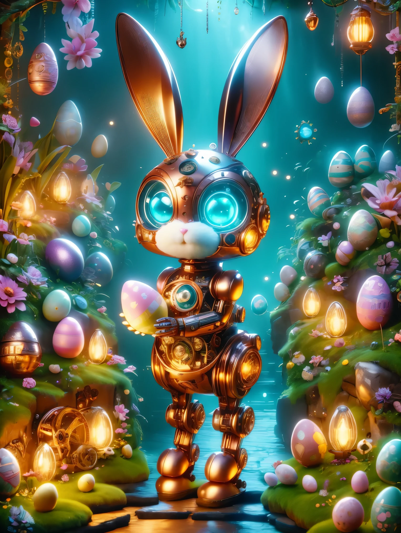 Pixar style, (Blind box toy style:1.2), (full-body shot) , A cute mechanical bunny dressed in Easter-style attire, its body made of exquisite copper and silver parts. Its eyes are like two glowing gems, transparent and illuminated by neon lights, creating a sparkling effect with high-precision mechanical components. The bunny is holding an Easter egg and stands in a fantasy garden filled with steampunk elements related to Easter. The surroundings are adorned with bizarre plants and Easter eggs, creating a mysterious and fantastical atmosphere. The scene combines traditional Easter themes with a futuristic steampunk twist, showcasing the bunny's intricate design and the magical garden setting. Clean, White background, (global illumination, Light线追踪, high dynamic range, Unreal rendering,Reasonable design, high detail, masterpiece, best quality, ultra high definition, Light),chibi, locomotive, 3D style,easter style