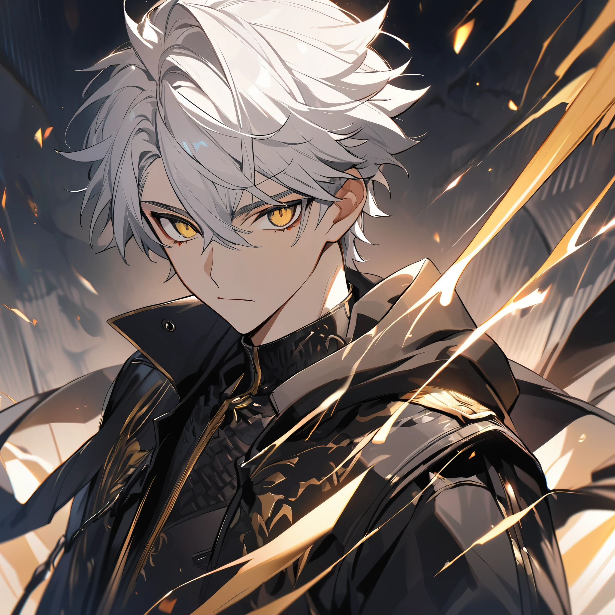 Handsome male, 1male, 17 years old, teenager, golden lining, short white hair, flat cut hair, sharp eyes, gold eyes, devil may cry, close up, calm expression, stoic, black leather clothes, black jacket, black gloves, upper body, looking at viewer, cowboy shot, black dragon background