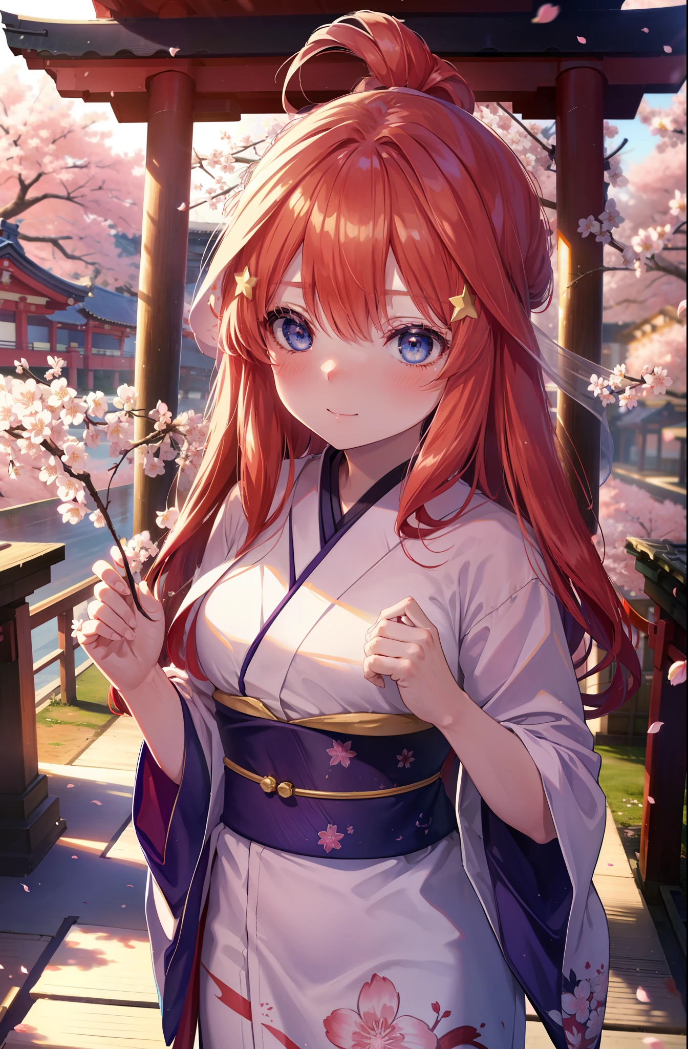 itsukinakano, Itsuki Nakano, bangs, blue eyes, hair between eyes, Ahoge,hair tied back,,long hair, redhead, star \(symbol\), hair ornaments, star hair ornaments,smile,blush,Gorgeous kimono with red floral pattern,white foot bag,Zori cherry blossoms are blooming,Cherry blossoms are scattered,Cherry blossom tree-lined path,praying,
break outdoors, shrine,torii,
break (masterpiece:1.2), highest quality, High resolution, unity 8k wallpaper, (figure:0.8), (detailed and beautiful eyes:1.6), highly detailed face, perfect lighting, Very detailed CG, (perfect hands, perfect anatomy),
