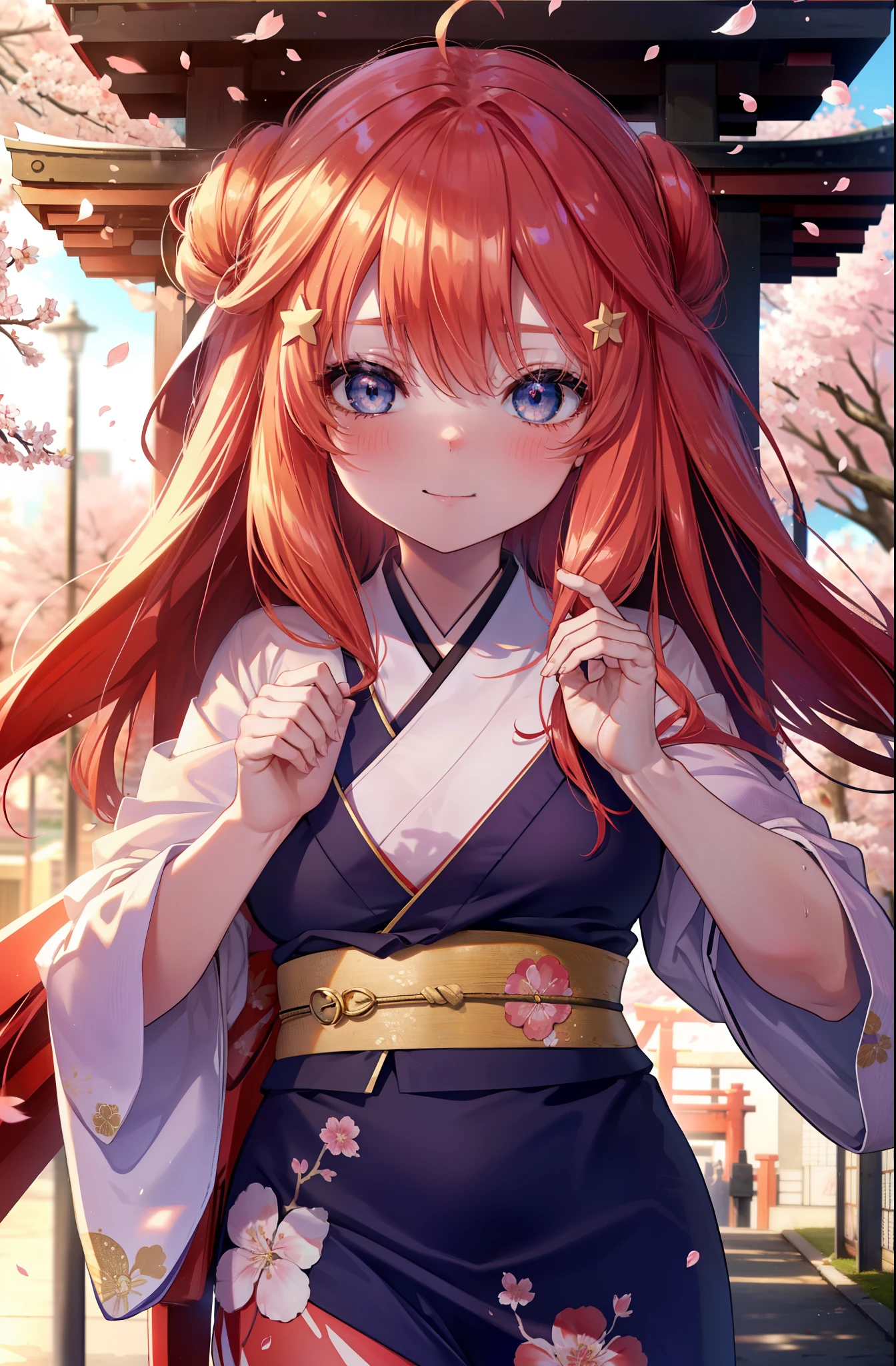 itsukinakano, Itsuki Nakano, bangs, blue eyes, hair between eyes, Ahoge,hair tied back,,long hair, redhead, star \(symbol\), hair ornaments, star hair ornaments,smile,blush,Gorgeous kimono with red floral pattern,white foot bag,Zori cherry blossoms are blooming,Cherry blossoms are scattered,Cherry blossom tree-lined path,praying,
break outdoors, shrine,torii,
break (masterpiece:1.2), highest quality, High resolution, unity 8k wallpaper, (figure:0.8), (detailed and beautiful eyes:1.6), highly detailed face, perfect lighting, Very detailed CG, (perfect hands, perfect anatomy),