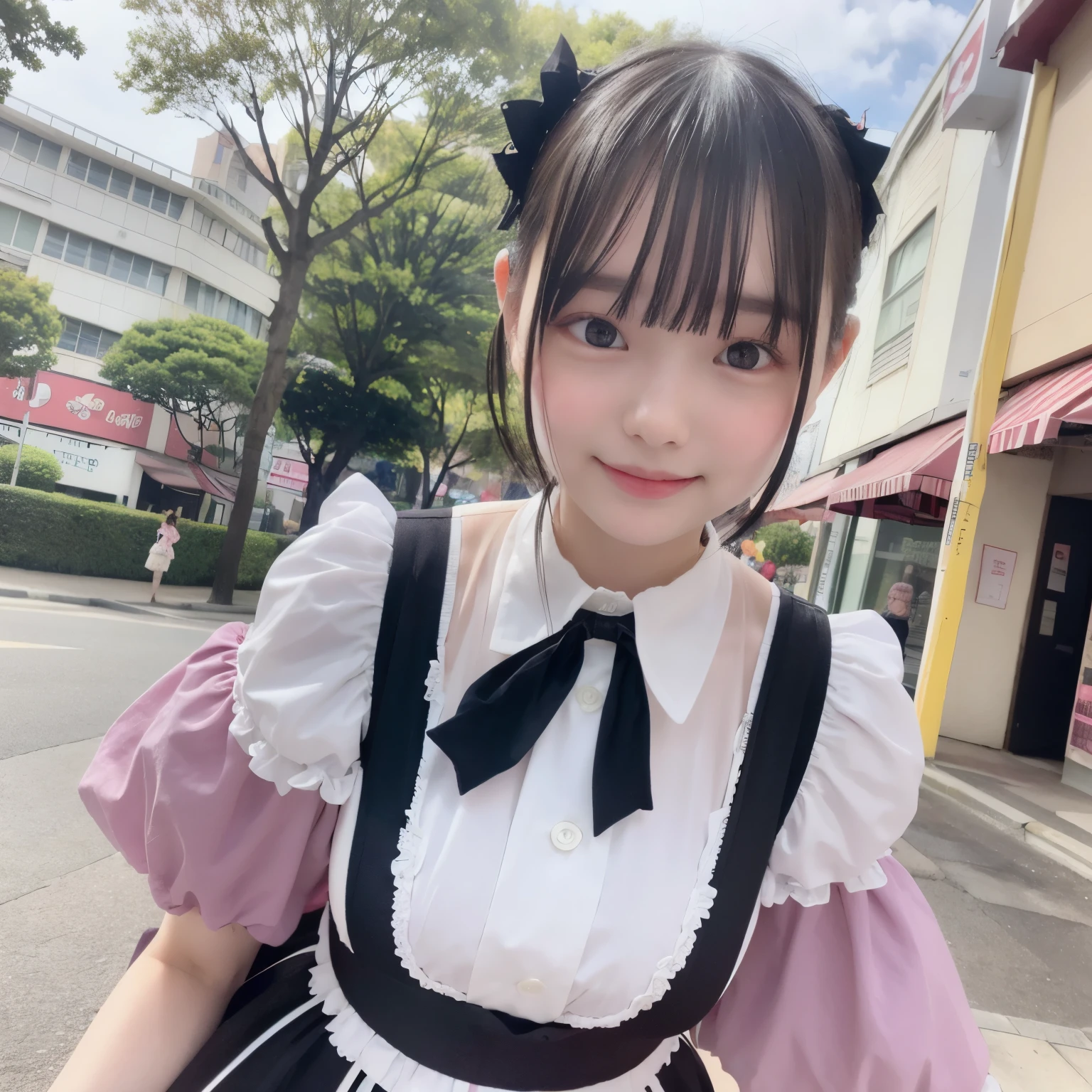 1 girl, alone, (short hair), japanese idol, perfect figure, beautiful eyes double eyelids, lolita fashion, Colorful pastel color clothes, Downtown like Harajuku, smile, Upper body, blow the wind, Because I'm slender