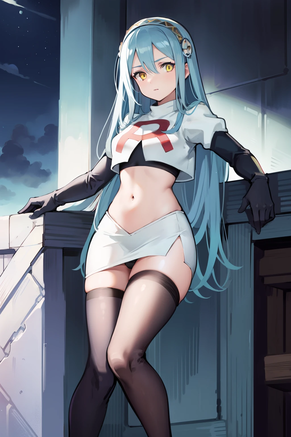 def_azura, yellow eyes ,1girl,team rocket,team rocket uniform, red letter R, white skirt,white crop top,black thigh-highs ,black elbow gloves,