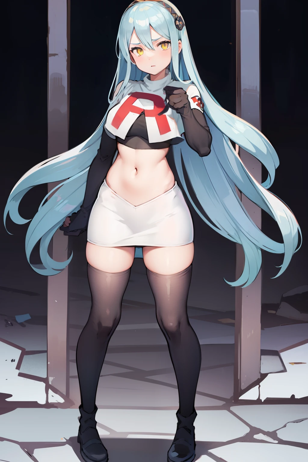 def_azura, yellow eyes ,1girl,team rocket,team rocket uniform, red letter R, white skirt,white crop top,black thigh-highs ,black elbow gloves,