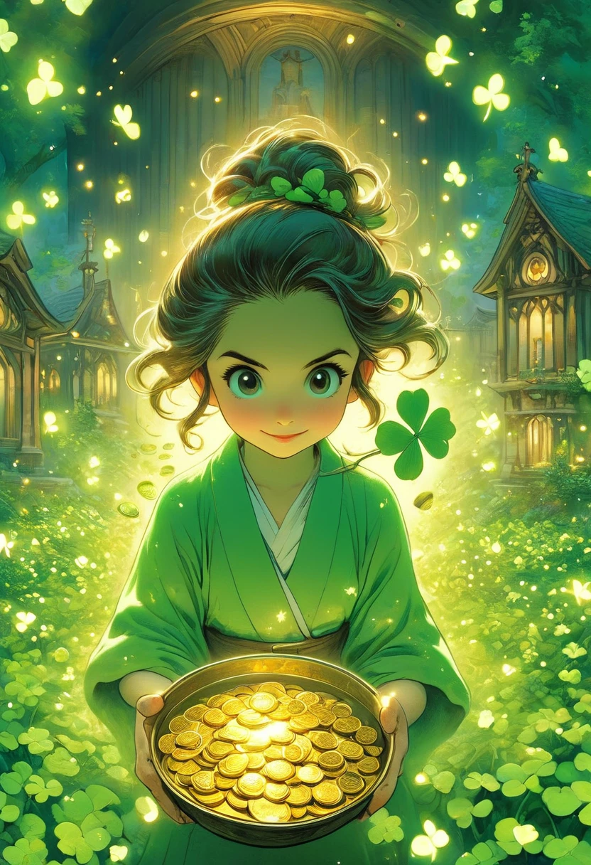 fluorescent horizon, cg graphics illustration, The girl is a leprechaun. She is dressed in green clothes and a hat decorated with clovers, and holds a bowl of gold coins in her hands. The background features a large gold coin with various symbols (including clovers and horseshoes), coins floating in the air, as well as small houses and a church. Art by Ayami Kojima, Hiroaki, aesthetic Marika Kohno, Toru Asakura. manga style+. Studio Ghibli Genshin Impact