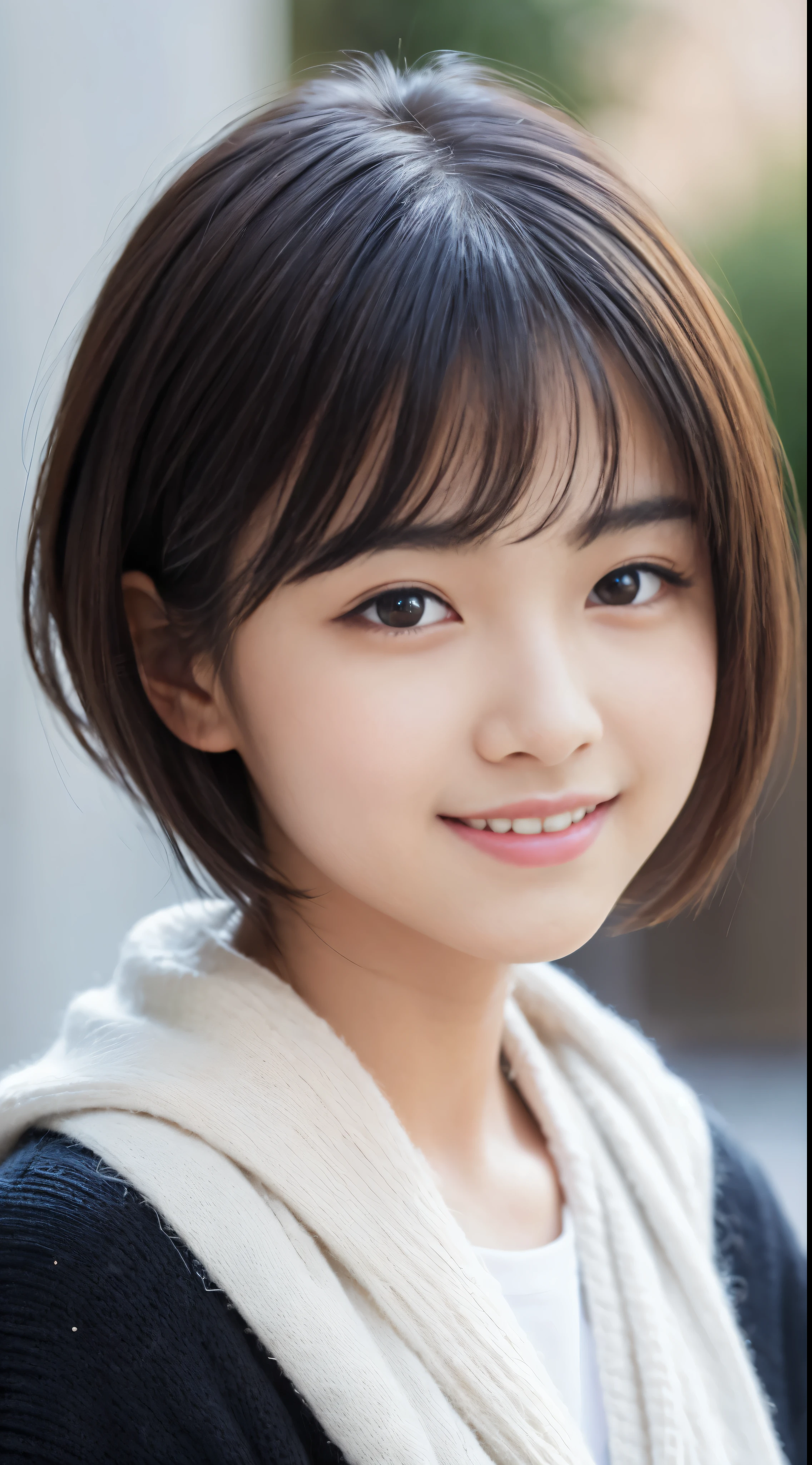 best quality, masterpiece, ultra high resolution, (lifelike:1.4), original photo, 1 girl, Japan&#39;s most famous idol, 15 years old, Very cute face, Beautiful big black solid round eyes, Extremely beautiful short black hair, Extremely beautiful long eyelashes, extremely beautiful lips, Wear a winter coat to work, innocent smile