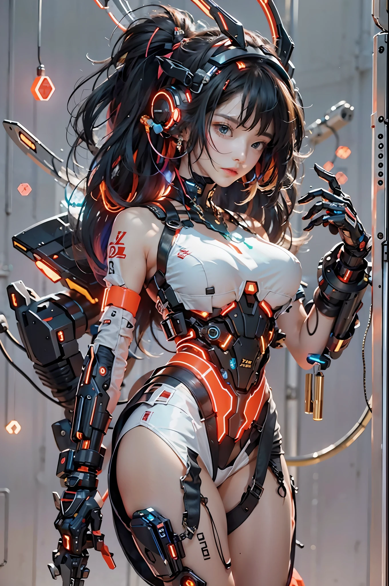 best quality,masterpiece,16k,1girl,Cyberpunk,headset,Mechanical earphones,Luminous earphones,Fragmented mechanical jewelry,Glowing neck protection,The high-tech strip curve ambient light behind it,Robot arm,Oblique lateral body,Technological background,High brightness contrast,Half exposed chest,Red and black mecha,Light strip,Upper body,Above the knee,Cleavage of breast,Black hair,night