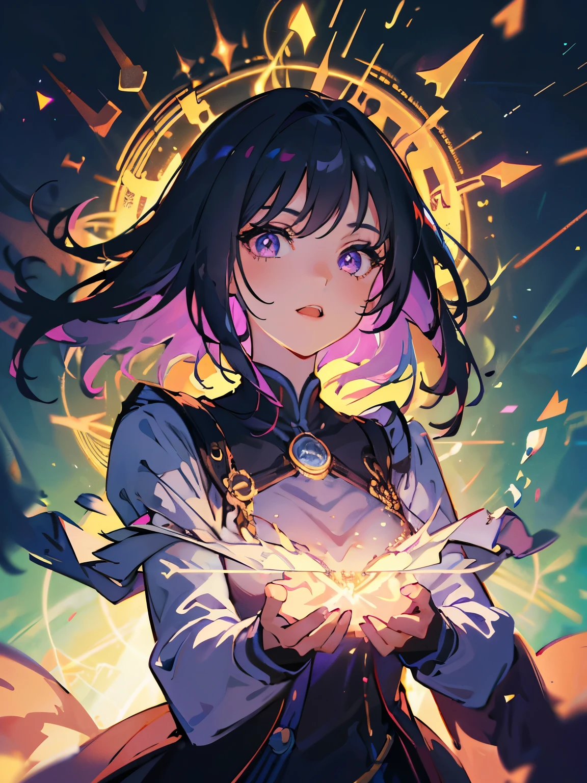 (ultra-detailed, perfect pixel, highres, best quality, beautiful eyes finely detailed), female, magic aura, sharp light purple eye color, (glowing purple eyes), black hair, medium hair, long blue side hairs, jade earrings, three golden sharp rhombus on left hair, a black dress, long red pelerine, papers, elegant, the background is full of magical particles. lens flare, glowing light, reflection light, motion blur, 8k, super detail, accurate, best quality, Ray tracing.