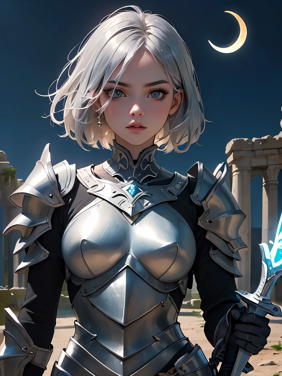 Woman with short hair、Near future、Row of buildings、White eyes、White Hair、Roleplaying、Tattoo、Dragon Knight Style、Looking up at the sky、Big Moon、Pink Clouds、breast enhancement、Beautiful neckline、Dynamic Movement、Look down、tears